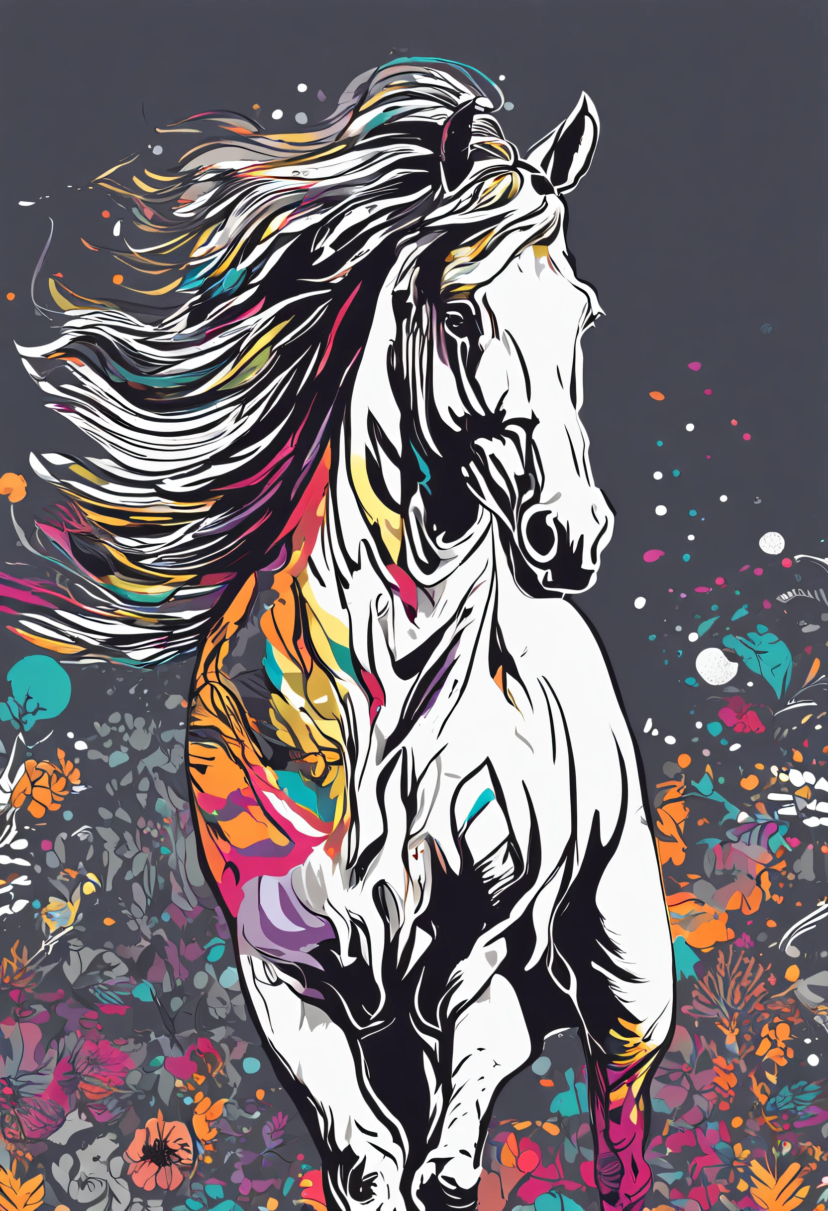 um close up de um cavalo black correndo em um fundo colorido, Cavalo digital, arte vetorial altamente detalhada, Jen Bartel, estilo de arte impressionante, estilo de arte vetorial, arte do Adobe Illustrator, Arte de Alessandro Pautasso, Arte vetorial HD, Horse, arte vetorial multicolorida, full-colour illustration, Arte bonita UHD 4K, vibrant high contrast coloring, Cavalo bonito