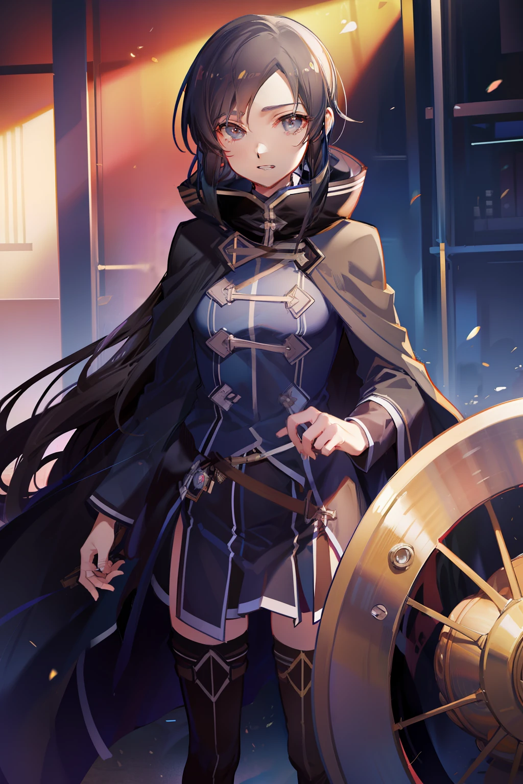 anime of a girl in a coat and cape, nanahoshi from mushoku tensei, nanahoshi, dark navy blue coat, girl, inspired by nanahoshi mushoku tensei, happy, black hair, black eyes, dark eyes, cinematic art, beautiful woman, medium breasts, breasts, beautiful art, wearing a suit, wearing a dark blue suit, dark blue tuxedo, in a city.