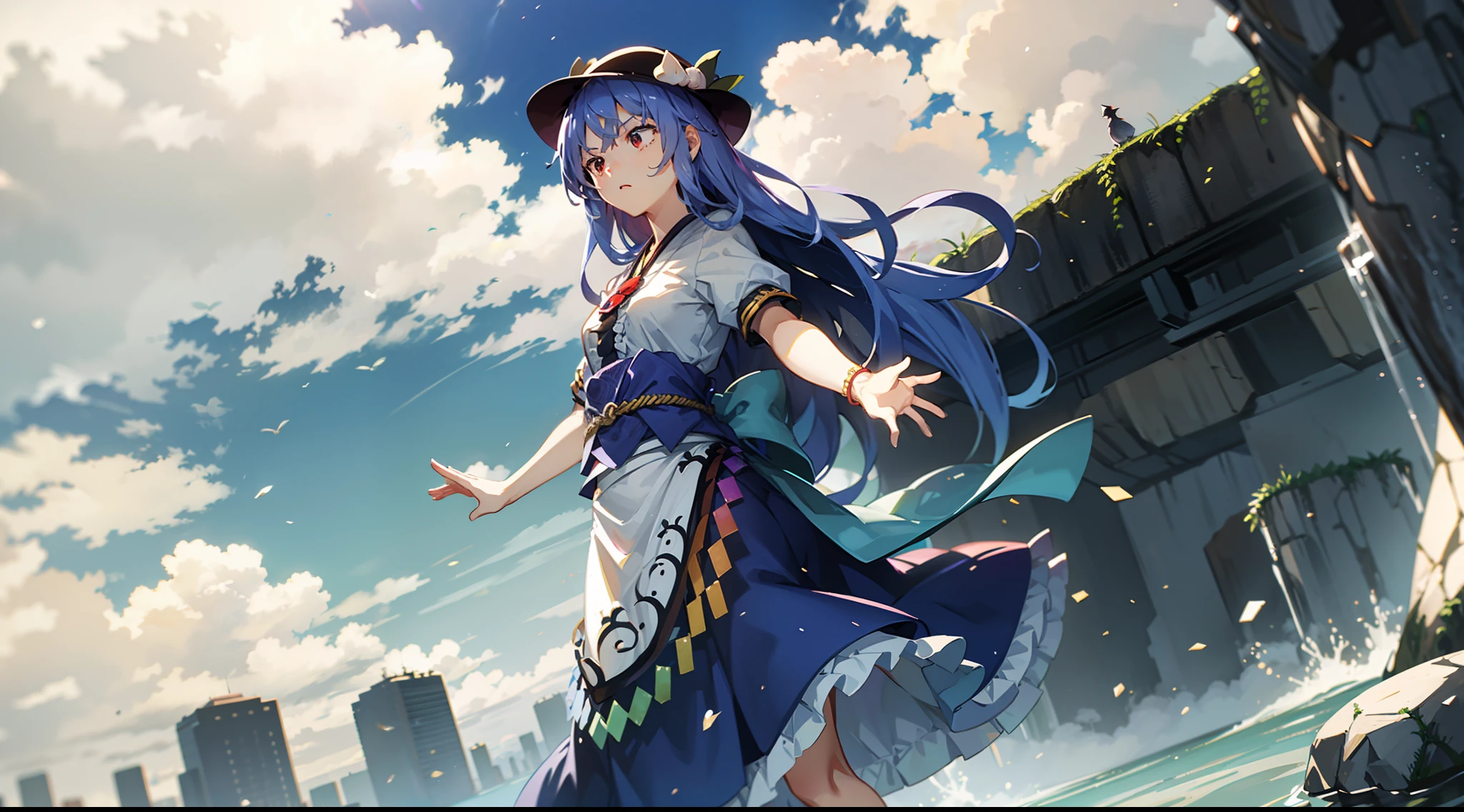 Japanese anime wallpaper 8K，wide angles，Golden ratio composition，HighestQuali，ancientry，（（touhou project）），（（（1girl））），Hinanawi Tenshi，slender figures，skin is soft and smooth，celestial realm，daytime，Clouds，Stand on the rock，Armed with the Sword of Imagination，luz eenvolvente，Soft lighting，Clear facial features，The  is structurally correct，The hands are clear and correct，The costumes of the characters are clear and correct，The details are complete and clear