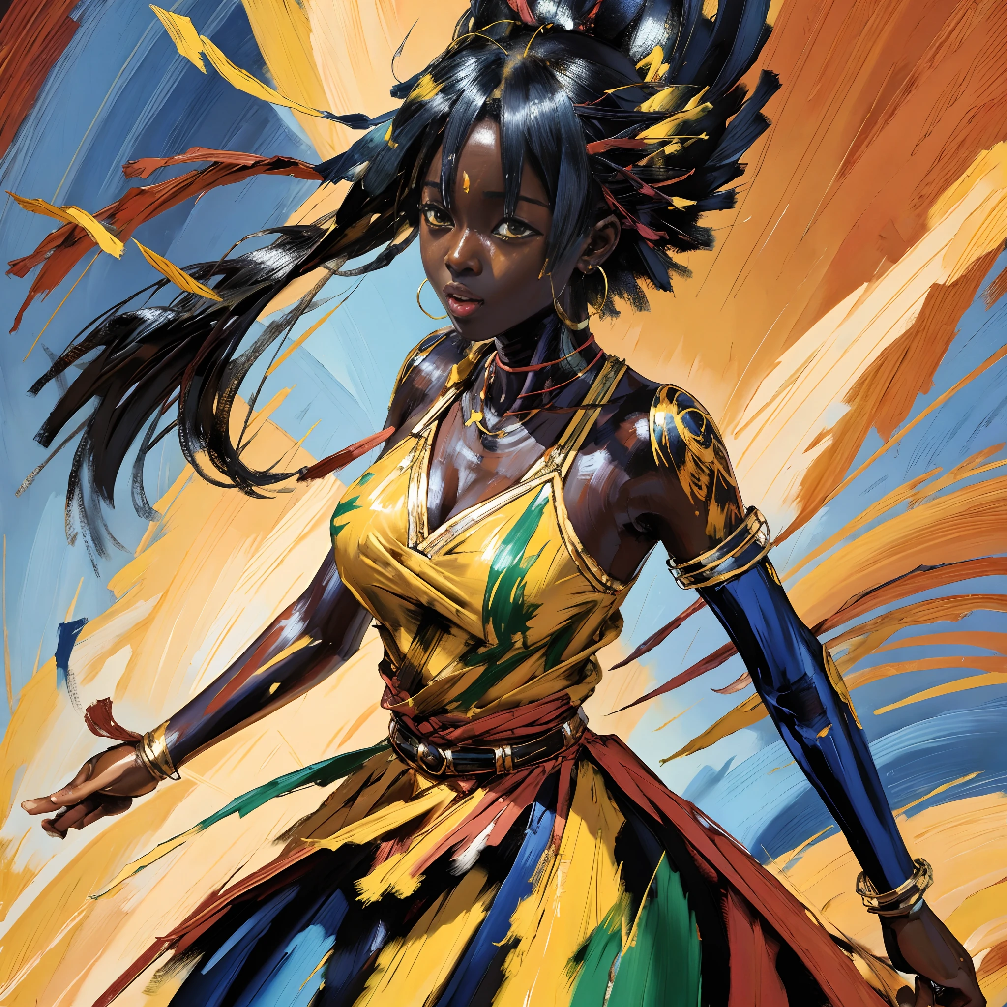 "African manga style painting with vibrant and expressive oil paint strokes."