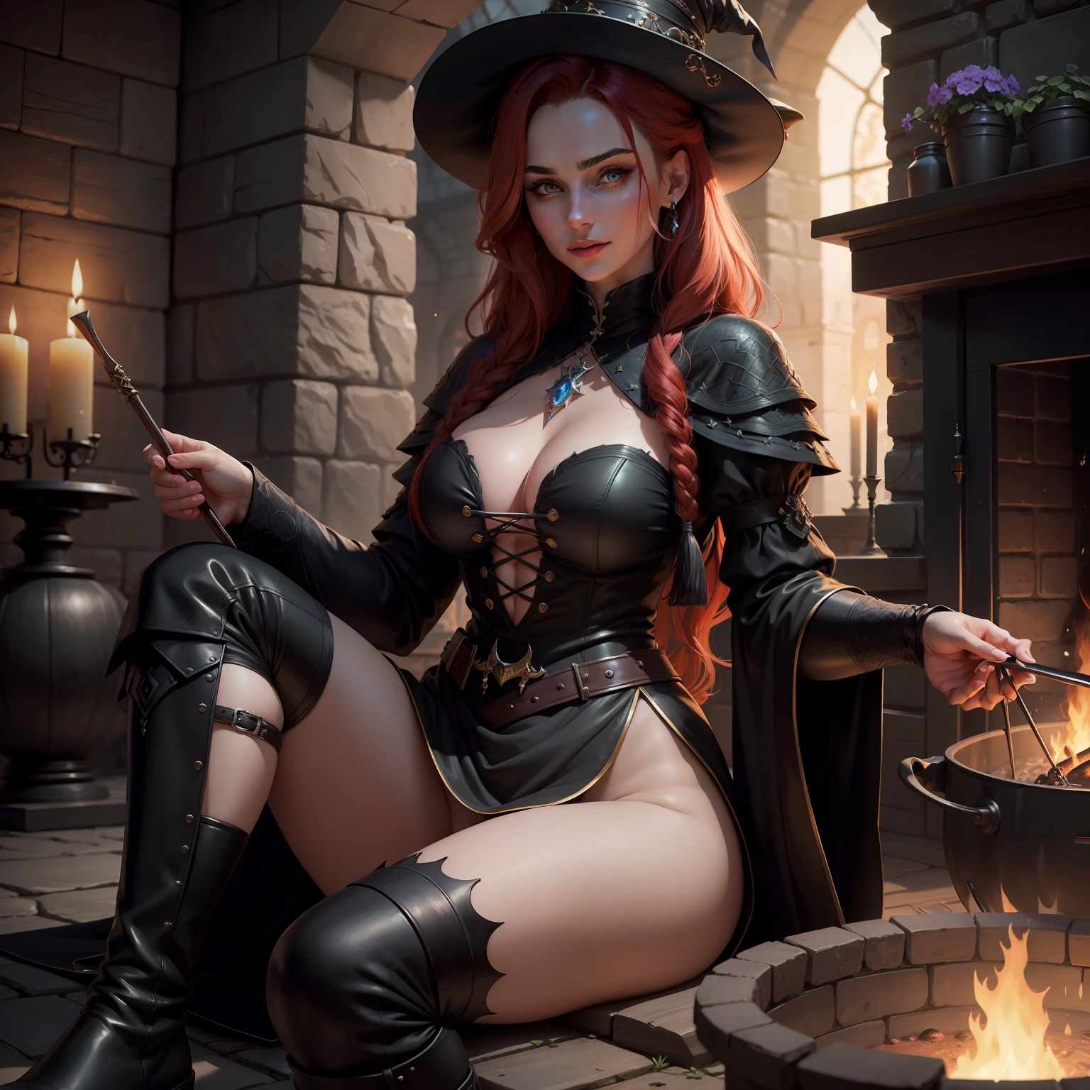 High Details, Best Quality, 16k, Raw, [best detail], Masterpiece, Best Quality, (Extremely detailed), full - body (best details, Masterpiece, Best Quality), , ultra wide angle shot, Photorealistic, Fantasy art, Role-playing art, D&D art, a photo of woman, A witch applies dark matter to a large cauldron by the fireplace, Middle Aged Woman  (best details, Masterpiece, Best Quality), Exquisite beautiful woman (best details, Masterpiece, Best Quality), ultra detail face (best details, Masterpiece, Best Quality), Evil grin, red hair, Long hair, Wavy Hair, Dynamic eye color, pale skin, Black Dress (best details, Masterpiece, Best Quality) NeroV2, in black boots, Large boiling cauldron, Black cauldron NeroV2, Green Mists, From the boiler, Furnace, Background of the medieval house, The dim light of a campfire, high detail, Ultra High Quality, High Resolution, 16K resolution, Ultra HD images, Ultra Realistic 3D Rendering, Clear details, realistic detailed, Ultra-High Resolution Waiting to Start