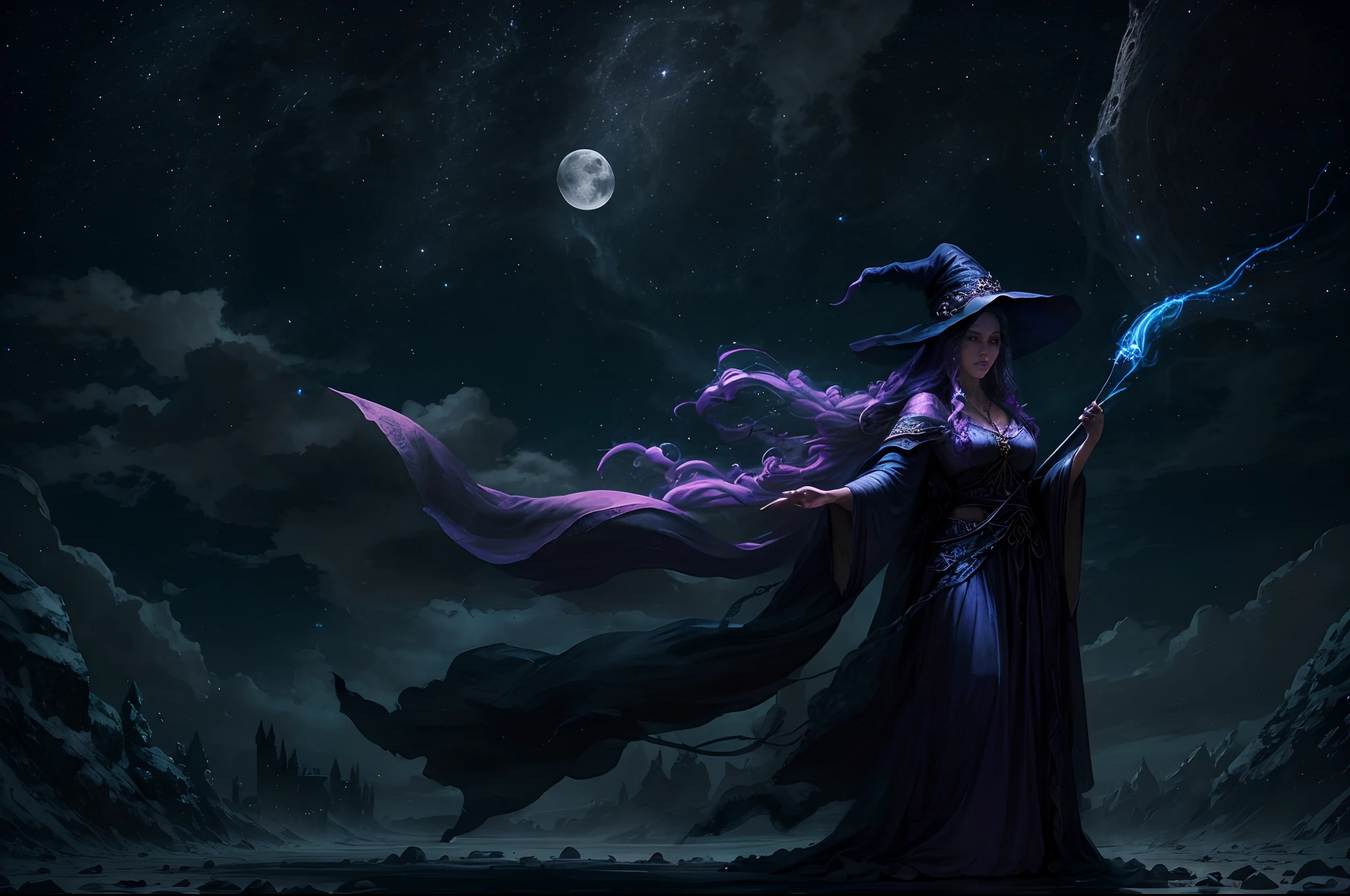 sexy full shot body photo of the most beautiful artwork in the world, illustration, cinematic light, fantasy, highres, highest quallity, ultra detailed, best quality, masterpiece, (detailed face), sexy mature woman wears a shirt and (torn) fullbody (transparent galaxy) cloths coat, floating cloth, choker, glowing (elder underworld fantasy) forest plants with neon details, open shoulders, tiny glowing butterfly, hair jewery, wearing a torn witch hat, (focus on body:1.25), night, small mutated animals in background, torn mini skirt ,a potion on hip, shoulder pads emitting magic energy, cameltoe, dark, light reflection