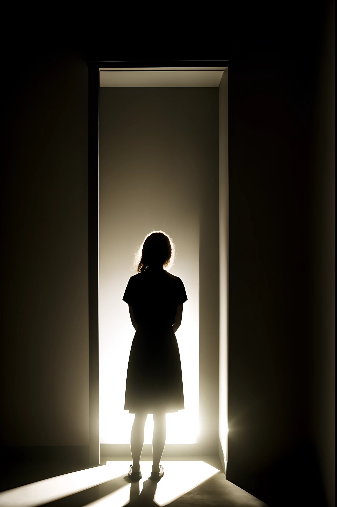 there is a woman standing in the dark with a light shining on her face, light falling on face, strong eerie back light, standing in a dimly lit room, standing under a beam of light, 35mm dramatic lighting, female image in shadow, mysterious woman, dark moody backlighting, a portrait of a suicidal girl, crawling out of a dark room