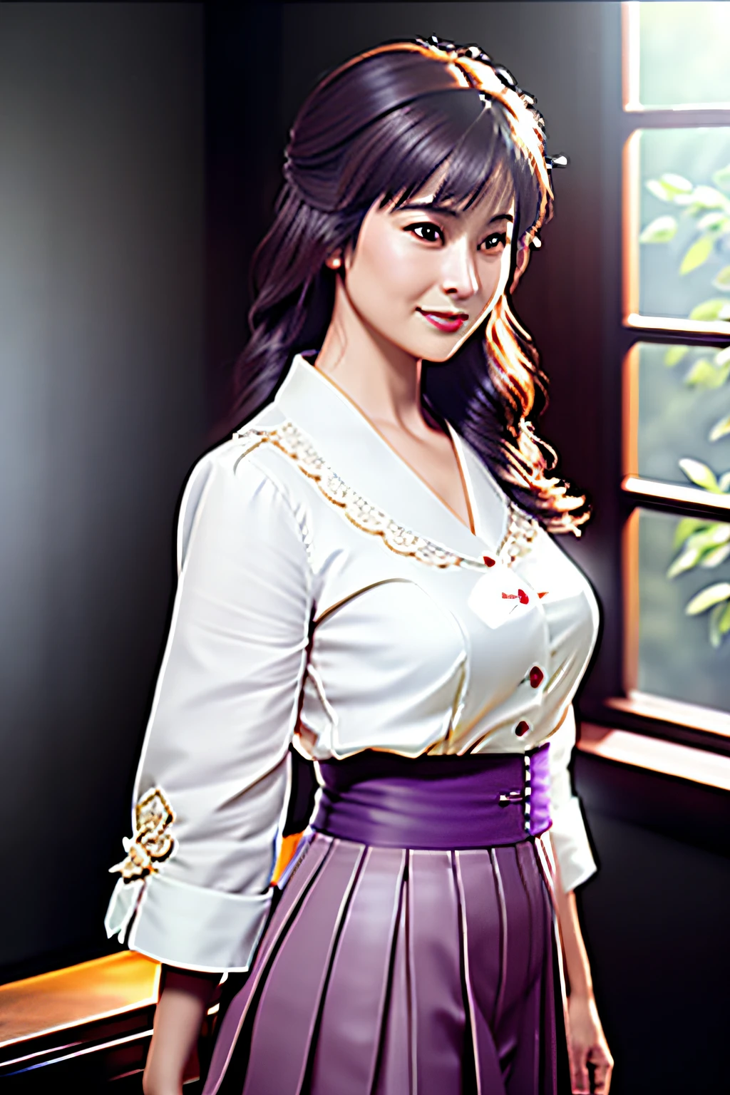 Beautiful woman standing， mature， Delicate rattlehead， Short purple skirt， Chiffon shirts have no buttons， Chest exposure， to contrast， textur， hentail realism， high qulity， filmgrain， Fujifilm XT3， insanely details， Complicated details， hyper-detailing， Soft cinematic light， Adobe lamps， photolab， 复杂， The is very detailed， pastel colour， insanely details， Complicated details， hyper-detailing， Soft cinematic light， Adobe lamps， photolab， 复杂， The is very detailed，  Mute Color， tmasterpiece， （（Close-up portrait of a smiling mature woman） ， Deep wrinkles at the corners of the mouth）， （The light from the back window is backlighted）， （复杂， rendering by octane， The is very detailed， 8K， HDR， UHD， high qulity， professinal， Unreal Engine trends， ArtStation）， lens flare glow， shadowing， weeping