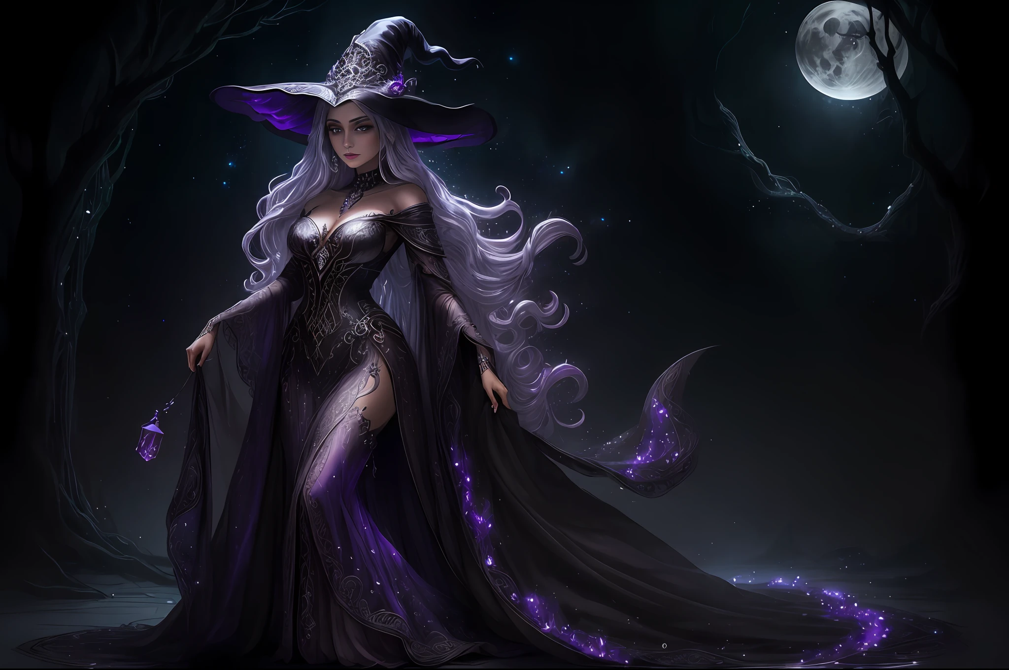 "((A captivating and mysterious witch with a charming presence)), que exala uma aura de encantamento. Do it with intricate details, a mixture of elegance and darkness. Destaque seus olhos intensos, embelezado com a hint of mystical purple. Make your dress fluid, embelezado com "Silver details add an extra touch of elegance. Surround her with hints of ethereal magic and a backdrop of a moonlit night sky. Creates a sense of intrigue and fascination, with shadows and reflections dancing in the moonlight."