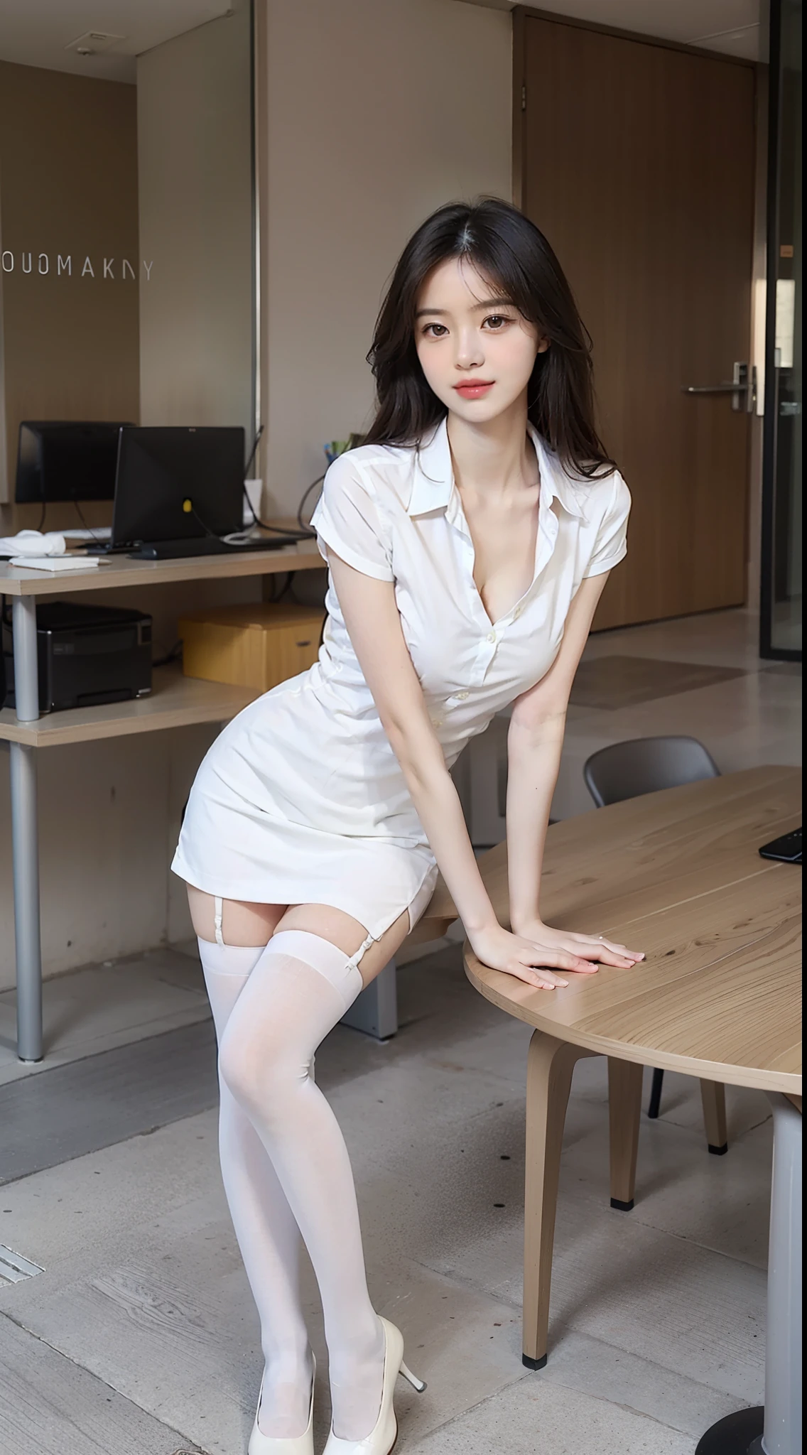 Show the whole body, Feet within sight, 1 busty girl, White dress, button- shirt, Lower bust, White stockings, No shoes, Beautiful warehouse office