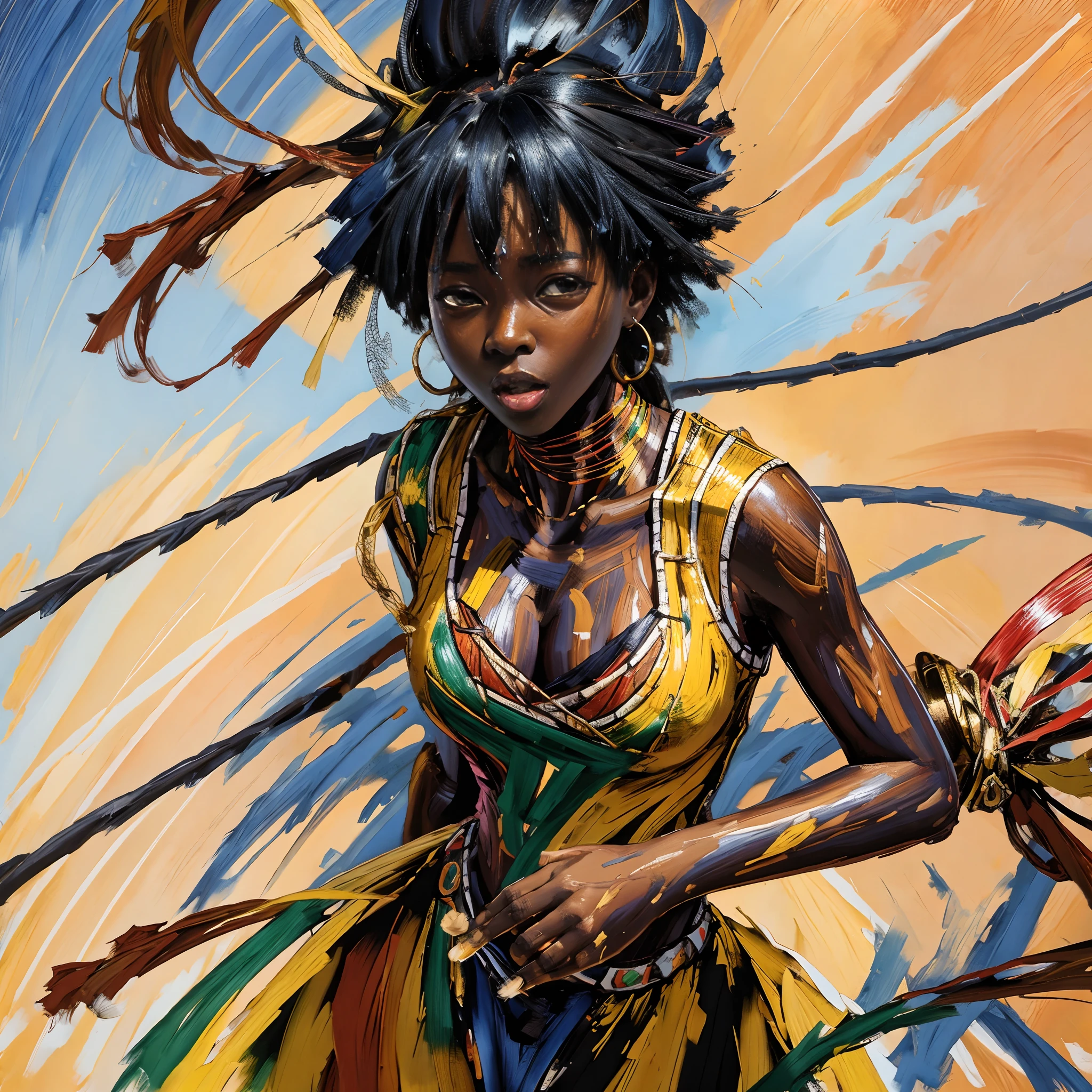 "African manga style painting with vibrant and expressive oil paint strokes."