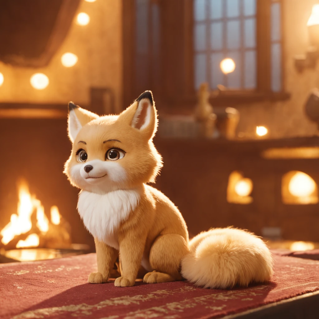 anime character the tiny cute foxgirl , big room, lonely day, treehouse of fantasy, room full with attributes, gibli studio style, intricate golden fur, beautiful and big eyes, warm room with anime character back view, sitting in front of warm firepit, cozy room with fur carpet, tea afternoon, plant on the table, soft light through the windows