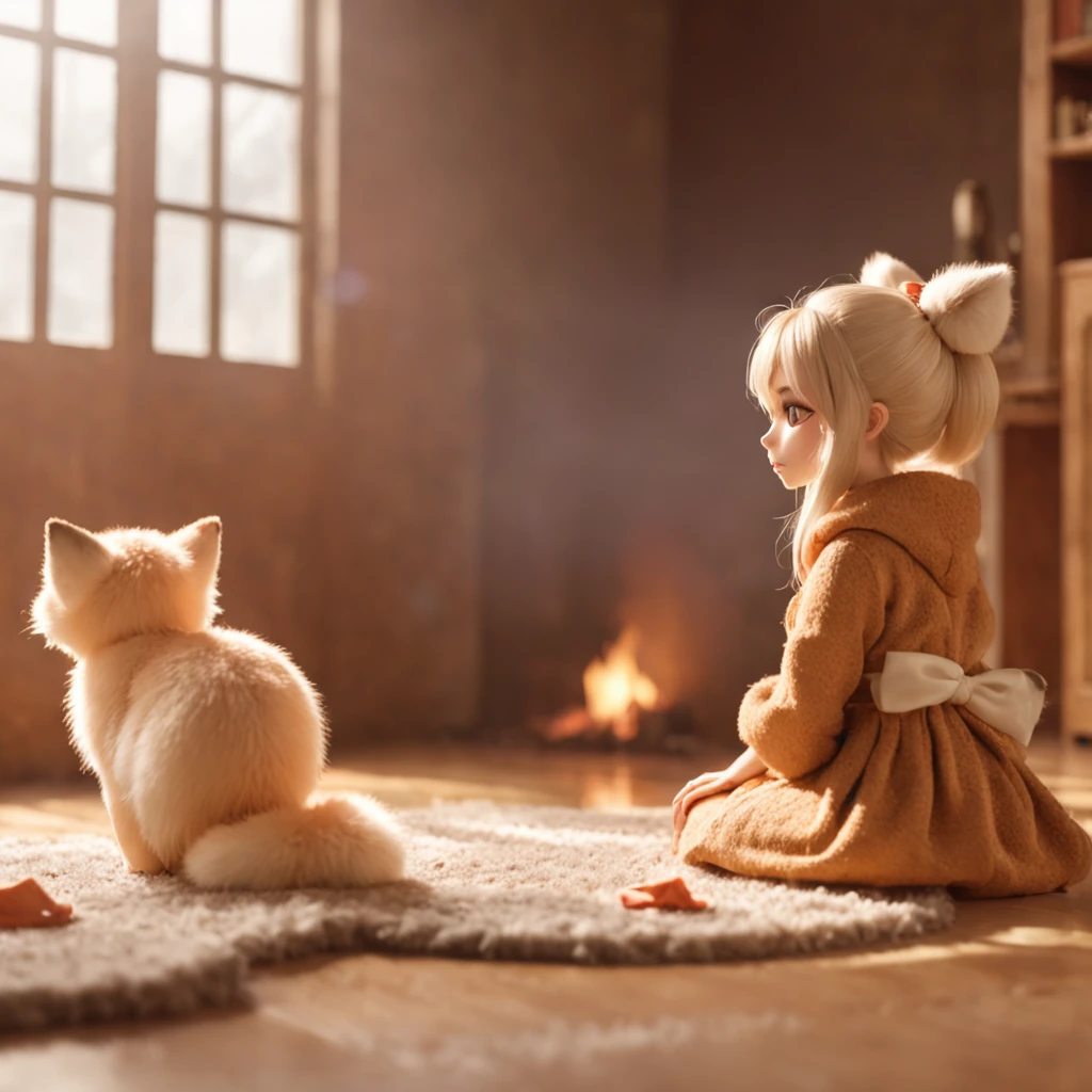 anime character the tiny cute foxgirl , big room, lonely day, treehouse of fantasy, room full with attributes, gibli studio style, intricate golden fur, beautiful and big eyes, warm room with anime character back view, sitting in front of warm firepit, cozy room with fur carpet, tea afternoon, plant on the table, soft light through the windows