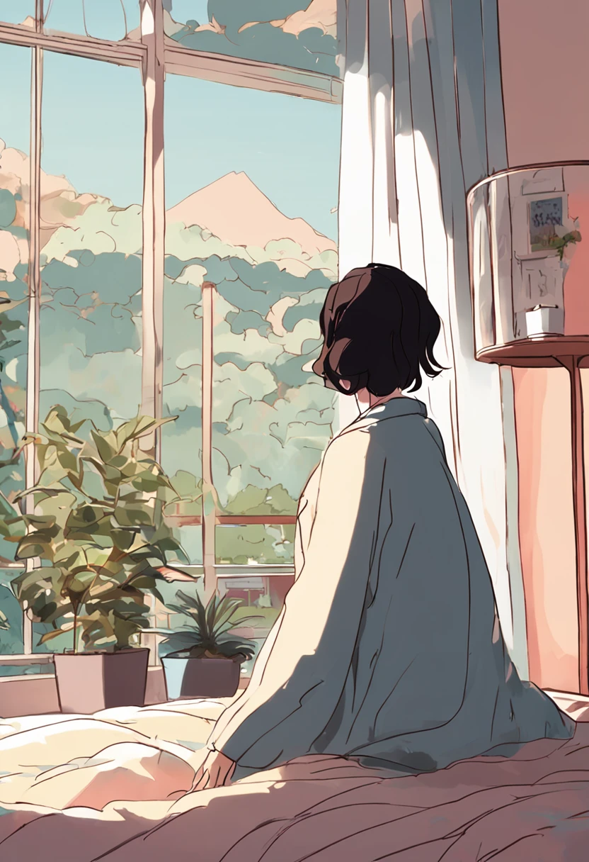 Visualize a cozy room with pastel-colored curtains. Raios dourados do sol se infiltram, iluminando uma cama onde Lely, uma garota de cabelos preto e pijama florido, is waking up. Birds are silhouetted in the window. (Estilo de arte de Makoto Shinkai)