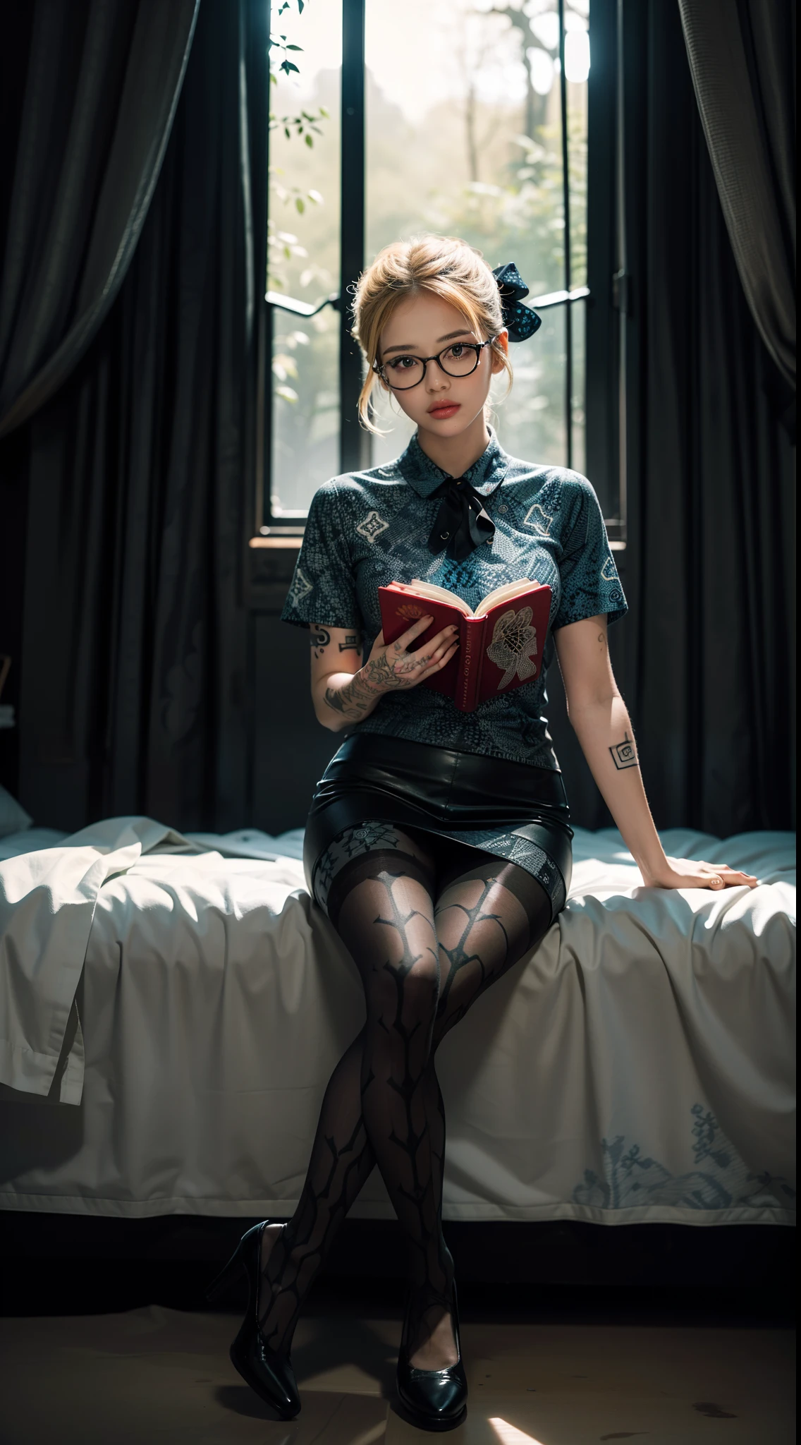 Victorian style erotic postcard, view from overhead, black and white colour palette, showing Lindsey Stirling, bending forward naked, intimate tattoos, ponytail, glasses, knees raised, legs spread apart, cheerful smile, wearing authentic Victorian lingerie, finger to lips, stroking asshole, masturbating, naked
