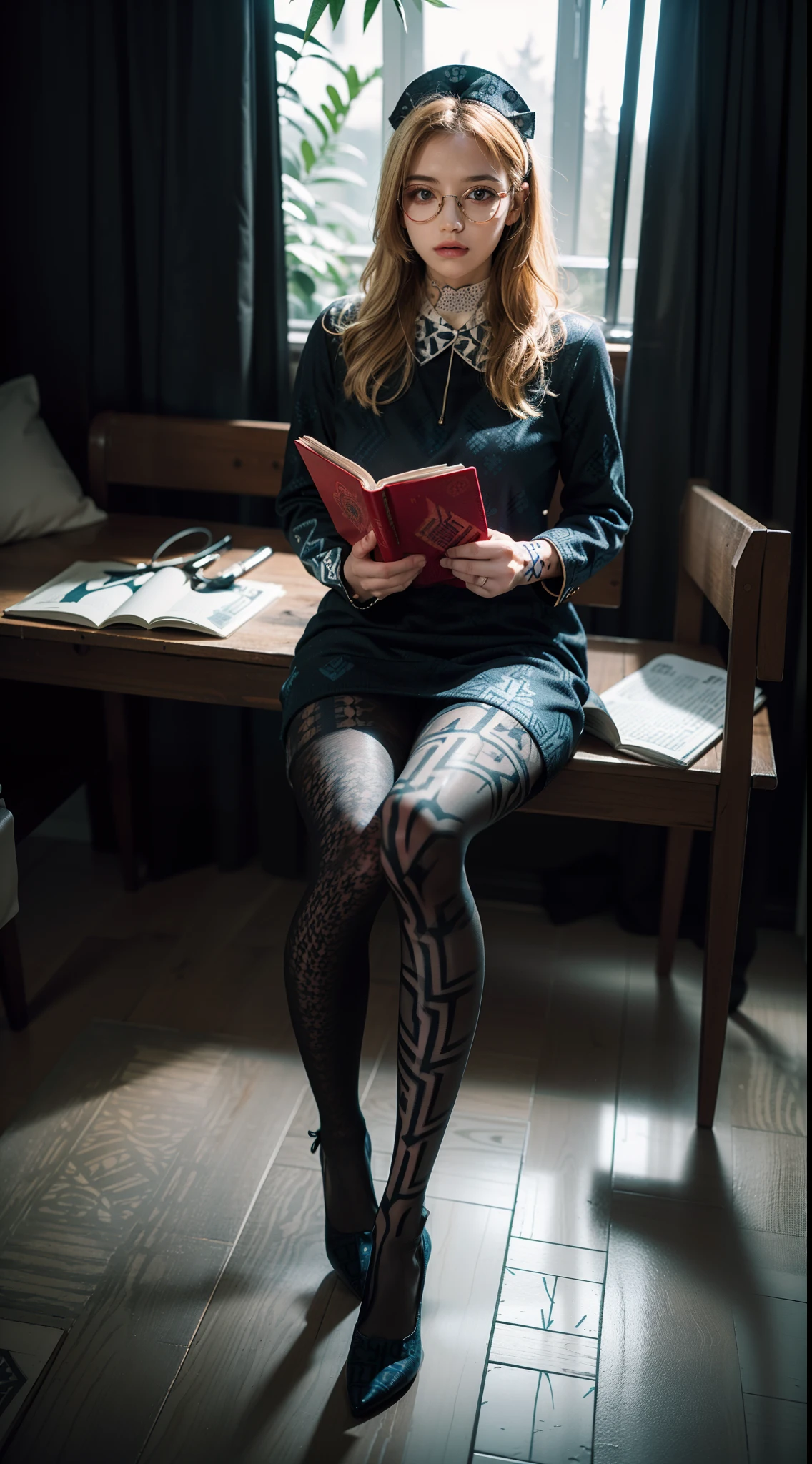 (full body:1.5),(((1girl)):1.3),(view the viewer:1.4),((anatomy correct):1.45),((Sitting in the forest):1.3),(He wears large glasses and holds a book in his hand:1.15),(shy:1.15),((nurse's set):1.2),(((((((Patterned)))))) ,((pantyhose)):1.3),(((tattoo)):1.3),( Uniform high heels leather shoes with bows for female students:1.1),(Accurate and perfect face:1.3),((red-eyed blonde):1.2),hyper HD, Ray traching, reflective light, structurally correct, Award-Awarded, high detail, lighten shade contrast, Face lighting ,cinematic lighting, masterpiece, super detailing, high quality, high detail, best quality, 16k,High contrast,