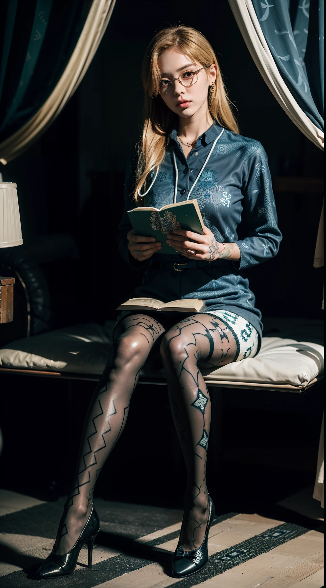 (full body:1.5),(((1girl)):1.3),(view the viewer:1.4),((anatomy correct):1.45),((Sitting in the forest):1.3),(He wears large glasses and holds a book in his hand:1.15),(shy:1.15),((nurse's set):1.2),(((((((Patterned)))))) ,((pantyhose)):1.3),(((tattoo)):1.3),( Uniform high heels leather shoes with bows for female students:1.1),(Accurate and perfect face:1.3),((red-eyed blonde):1.2),hyper HD, Ray traching, reflective light, structurally correct, Award-Awarded, high detail, lighten shade contrast, Face lighting ,cinematic lighting, masterpiece, super detailing, high quality, high detail, best quality, 16k,High contrast,