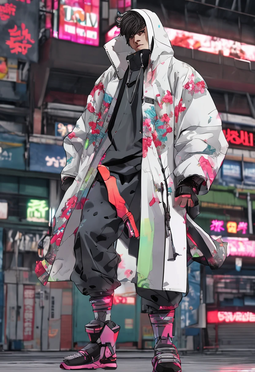 Alavid image of a man in a raincoat and pants, highly detailed kimono, stylish coat for a rave, clothing concept, trigger anime artstyle, wearing japanese techwear, hyperreal rendering, techwear look and clothes, digital art render, realistically rendered clothing, cyberpunk streetwear, inspired by Russell Dongjun Lu, Carnival coat