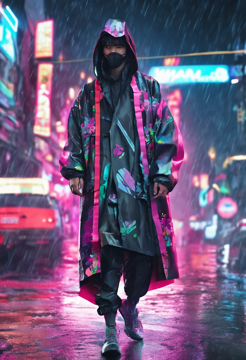 Alavid image of a man in a raincoat and pants, highly detailed kimono, stylish coat for a rave, clothing concept, trigger anime artstyle, wearing japanese techwear, hyperreal rendering, techwear look and clothes, digital art render, realistically rendered clothing, cyberpunk streetwear, inspired by Russell Dongjun Lu, Carnival coat