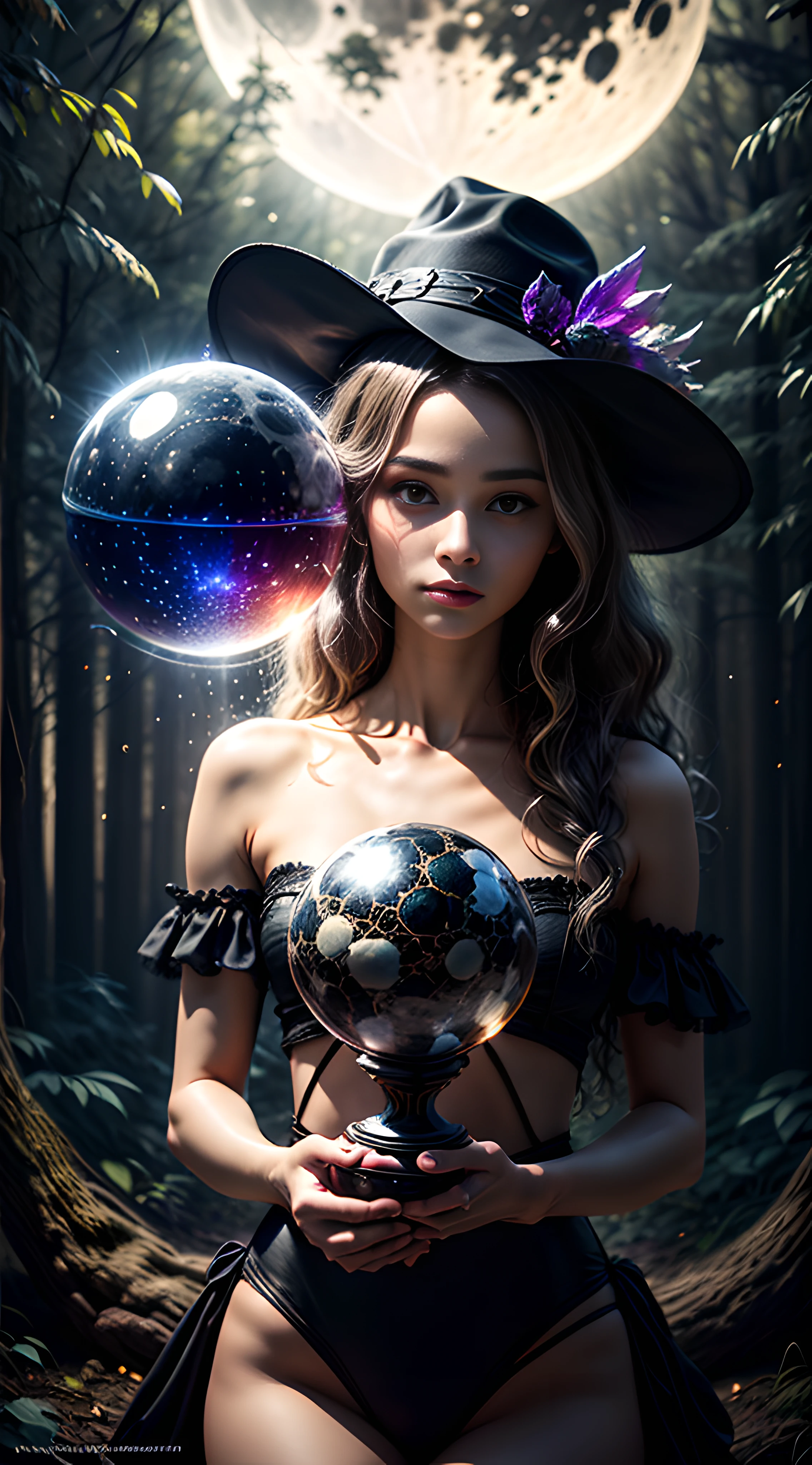 In a hyperrealistic masterpiece, Portrait of a mysterious black cat wearing a big black hat with a crystal ball summoning demons, masterpiece, blue eyes, magic charms, magic, aura of mysticism, ghost, full moon, deep forest and mysterious image, night but light, realism, masterpiece detail, magic lighting, bokeh effect, cinematic lighting, 16K HDR resolution, masterpiece, moonlight through foliage., Broken Glass effect, no background, stunning, something that even doesn't exist, mythical being, energy, molecular, textures, iridescent and luminescent scales, breathtaking beauty, pure perfection, divine presence, unforgettable, impressive, breathtaking beauty, Volumetric light, auras, rays, vivid colors reflects