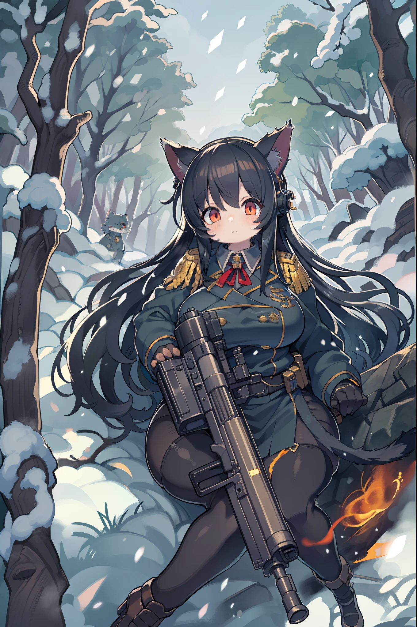 snowy forest, Black hair, Cat ears, Cat Girl, Red Eyes, As I ran, Nazi officer uniform, Nazi, Germany, Black Officer Uniform,huge-breasted、Giant Sniper Rifle、From the top、Overhead view