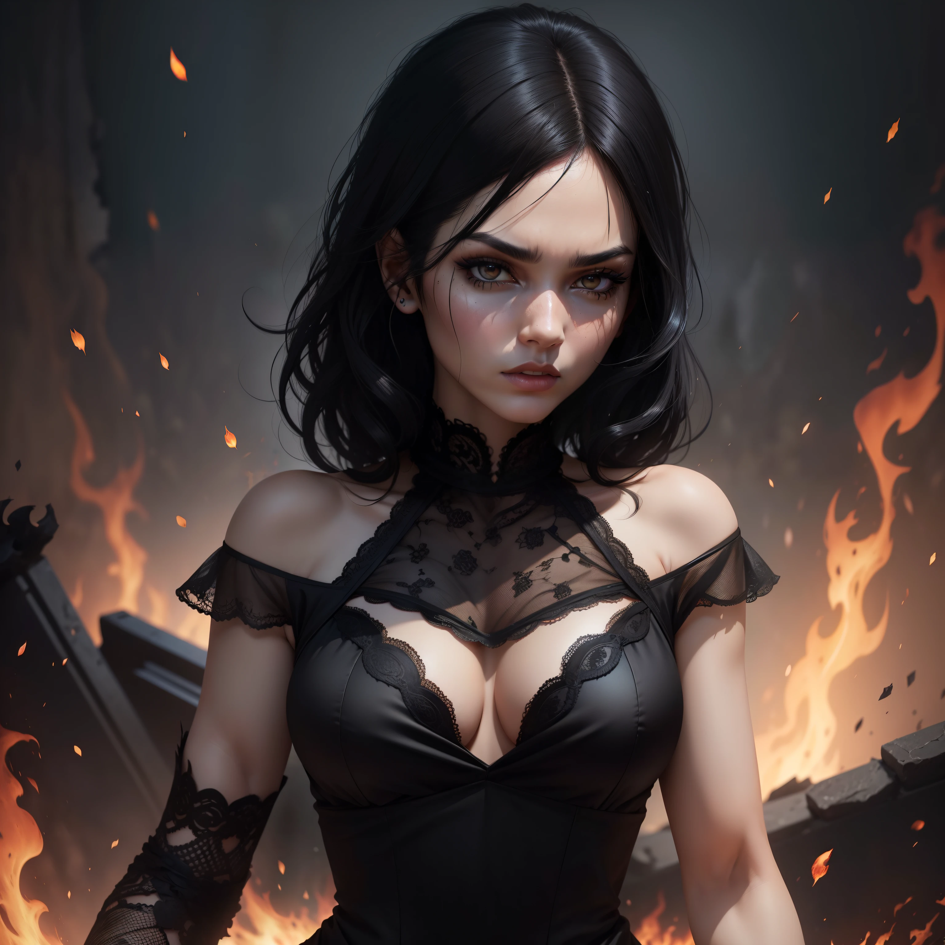 A fierce looking woman with black hair that slowly fades into flames, black lacy dress