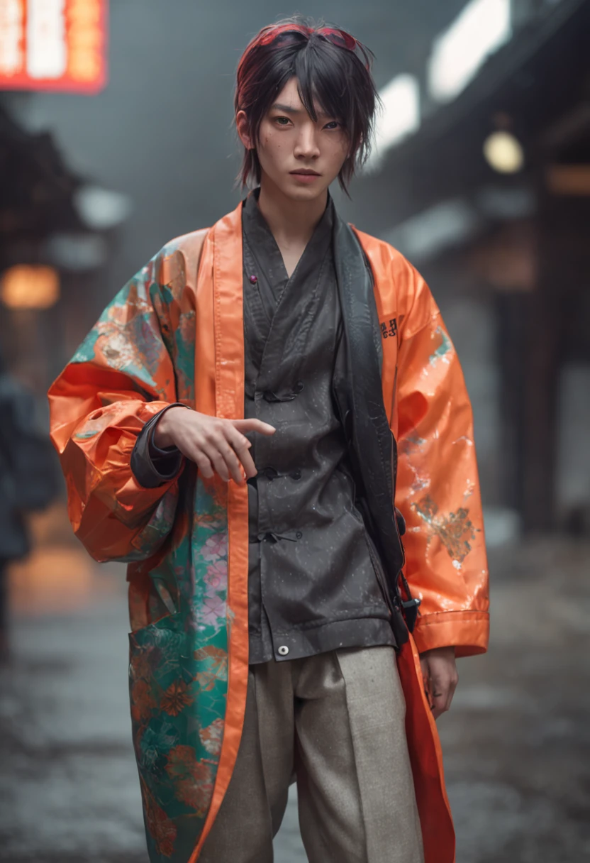 Alavid image of a man in a raincoat and pants, highly detailed kimono, stylish coat for a rave, clothing concept, trigger anime artstyle, wearing japanese techwear, hyperreal rendering, techwear look and clothes, digital art render, realistically rendered clothing, cyberpunk streetwear, inspired by Russell Dongjun Lu, Carnival coat