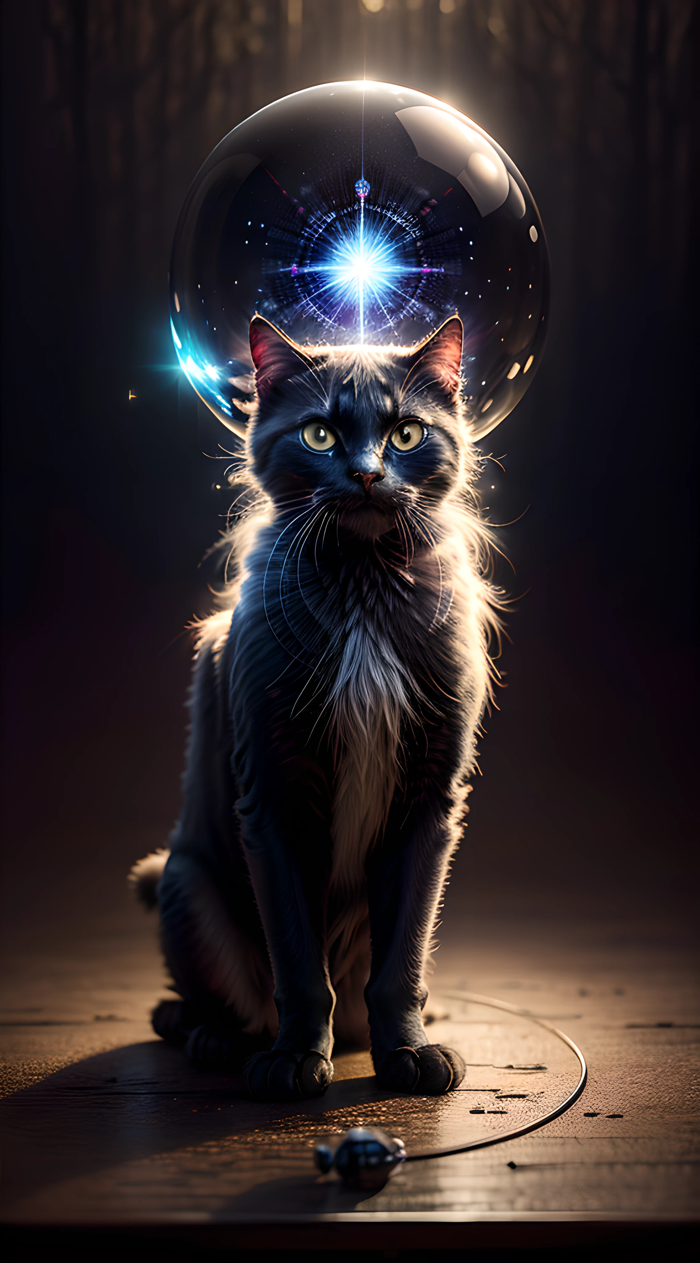 In a hyperrealistic masterpiece, Portrait of a mysterious black cat wearing a big black hat with a crystal ball summoning demons, masterpiece, blue eyes, magic charms, magic, aura of mysticism, ghost, full moon, deep forest and mysterious image, night but light, realism, masterpiece detail, magic lighting, bokeh effect, cinematic lighting, 16K HDR resolution, masterpiece, moonlight through foliage., Broken Glass effect, no background, stunning, something that even doesn't exist, mythical being, energy, molecular, textures, iridescent and luminescent scales, breathtaking beauty, pure perfection, divine presence, unforgettable, impressive, breathtaking beauty, Volumetric light, auras, rays, vivid colors reflects