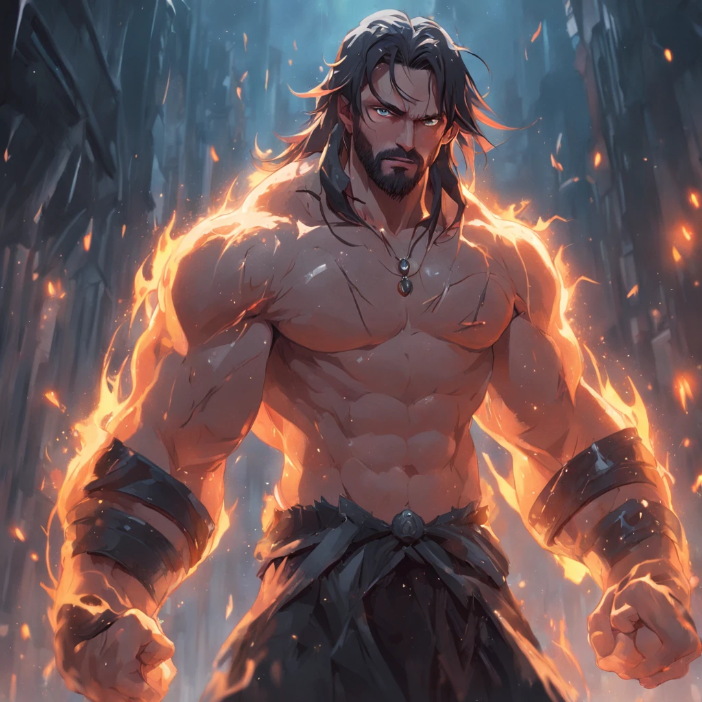 (Professional 3D rendering:1.3) de (Realistic:1.3) foto de arte mais bonita do mundo,soft features, brilliant male heroes, ((Epic hero rough fantasy muscular man wet hero angry look long hair short beard and fierce expression in dynamic pose, fantastic location, majestoso ambiente desordenado)), corpo inteiro 8k unidade render, action shot, poros da pele, very dark lighting, sombreamento pesado, circunstanciado, rosto detalhado, (Vibrando, Fotografia realista, Realistic, Dramatic, Escuro, foco nítido, 8k), (Roupas de couro velhas danificadas pelo mau tempo:1.4), ((((Use peles)))), (intrincado:1.4), decadente, (altamente detalhado:1.4), Pintura digital, rendering by octane, art stations, conceito-arte, liso, foco nítido, illustration, germe da arte, (Loish:0.23), Wlop Ilya Kuvshinov, e greg rutkowski e alphonse mucha gracias, (global ilumination, studiolight, light volumetric), chuva forte, floating particles, patife, fantasia, Nosso, Corpo inteiroesbiano, ((Fundo escuro e antigo da cidade:1.3)),CGSesociedade,art stations