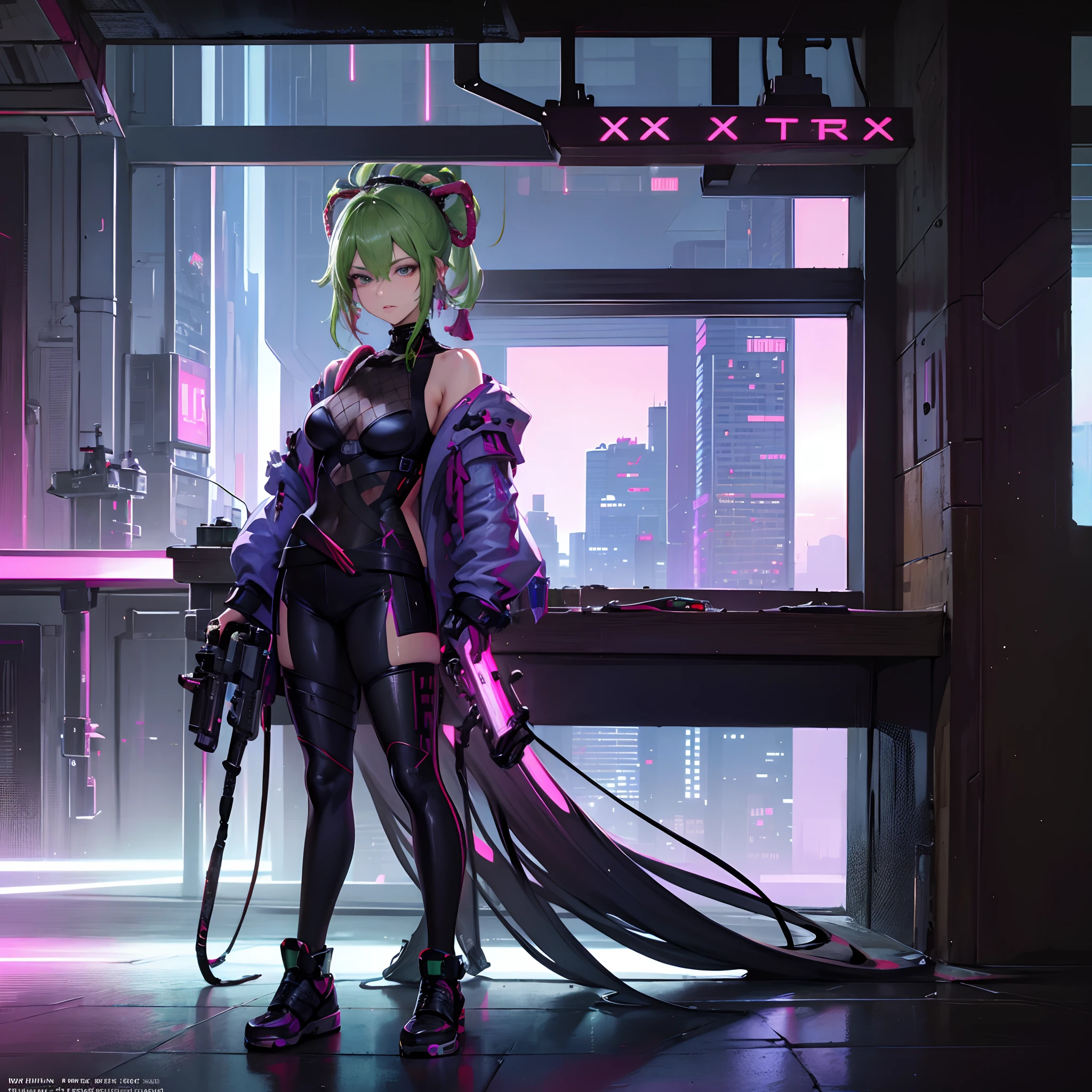 best picture quality, masterpiece, ultra-high resolution, (fidelity:1.4), Photograph,  Skin, ((Cyberpunk characters)), Cyber Series, future, ((ultra realistic, awarded photograph))，（hyper-detail），（intricate detailed），（8k high resolution CGI artwork），A woman in，The cyberpunk living room of the future/bedroom/kitchen/balcony，Cyberpunk Urban Landscape Details。Style of the future，Available in many colors and LED lights......。The cityscape should be very detailed......，deep depth of field。Create depth with atmospheric light，Wide-angle lens showing room and window。Use atmospheric and volumetric lighting to enhance cityscape details......。The room should be illuminated with neon lights of the city scenery......, Textured pastel backgrounds, colourful, vibrant
