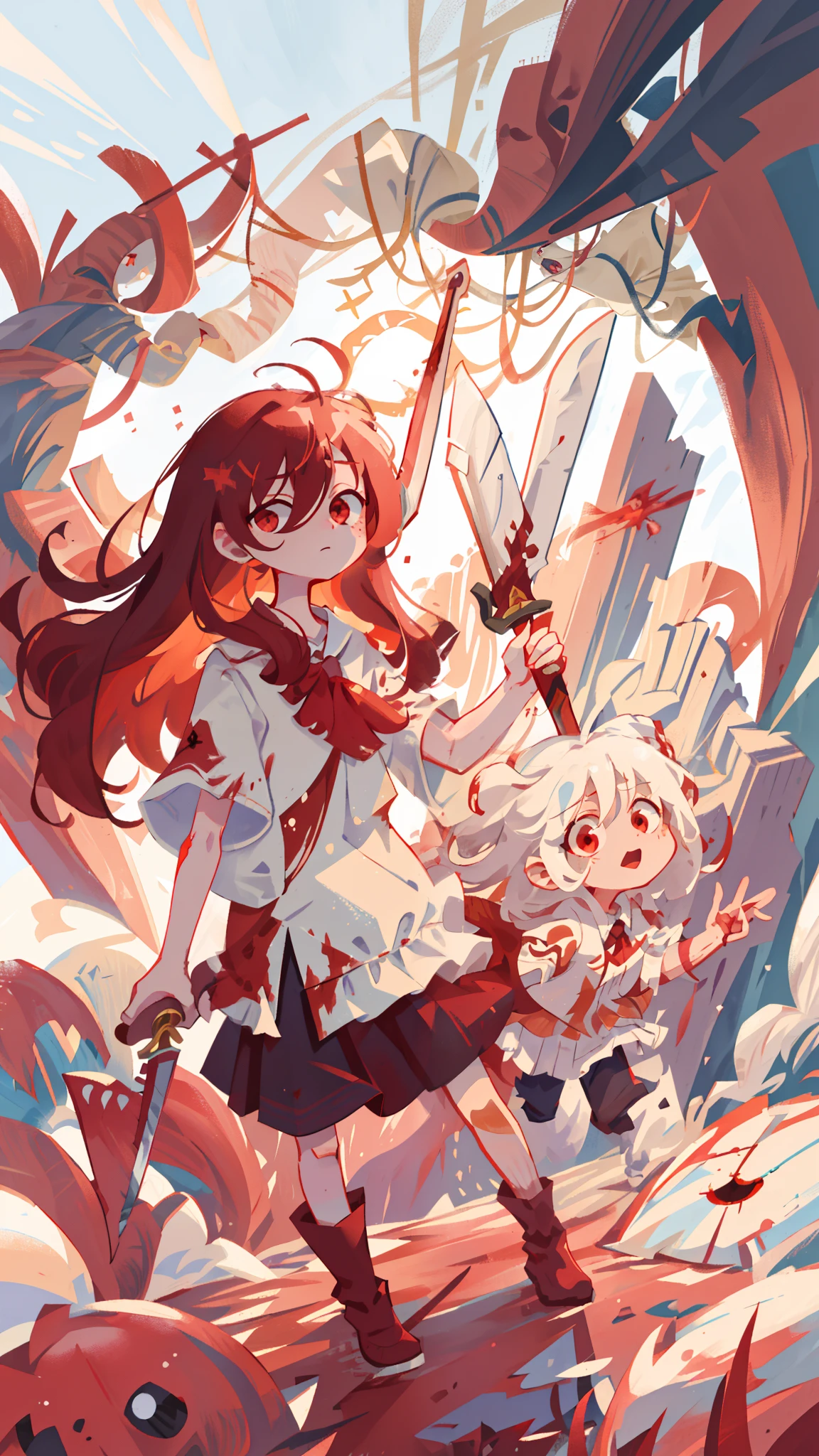 masterpiece, best quality,Amazing,1girl,finely detail,Depth of field,extremely detailed CG unity 8k wallpaper, masterpiece, full body,(loli),(white hair), red streaked hair, red eyes, (full body),red hair, (with sword in hand), angry face,(beautiful detailed eyes), Blood drop,Blood fog, floating hair,light shafts, soft focus, character focus,disheveled hair,long bangs, hairs between eyes, looking at viewer,lowing hair, floating, Splashing blood,Long hair,(Bloodstain), highly detailed eyes