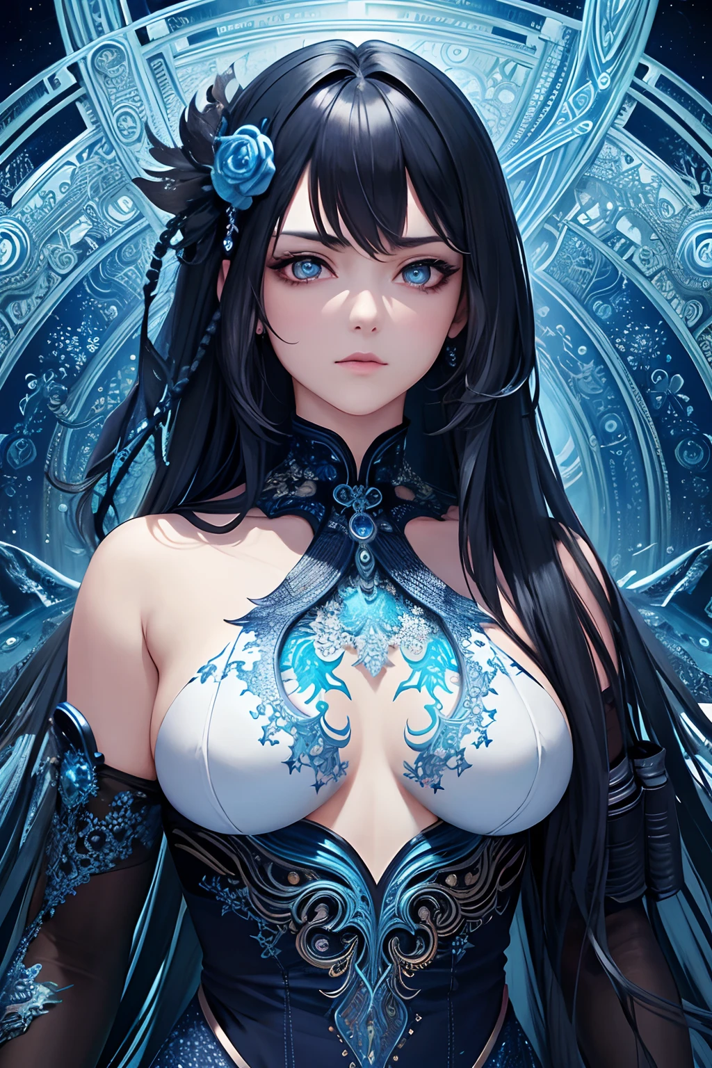 (masterpiece, top quality, best quality, official art, beautiful and aesthetic:1.2), (1girl), extreme detailed,(fractal art:1.3),colorful,highest detailed, Mature woman with, blue glowing eyes, dead inside, dull eyes, majestic, with serious face
