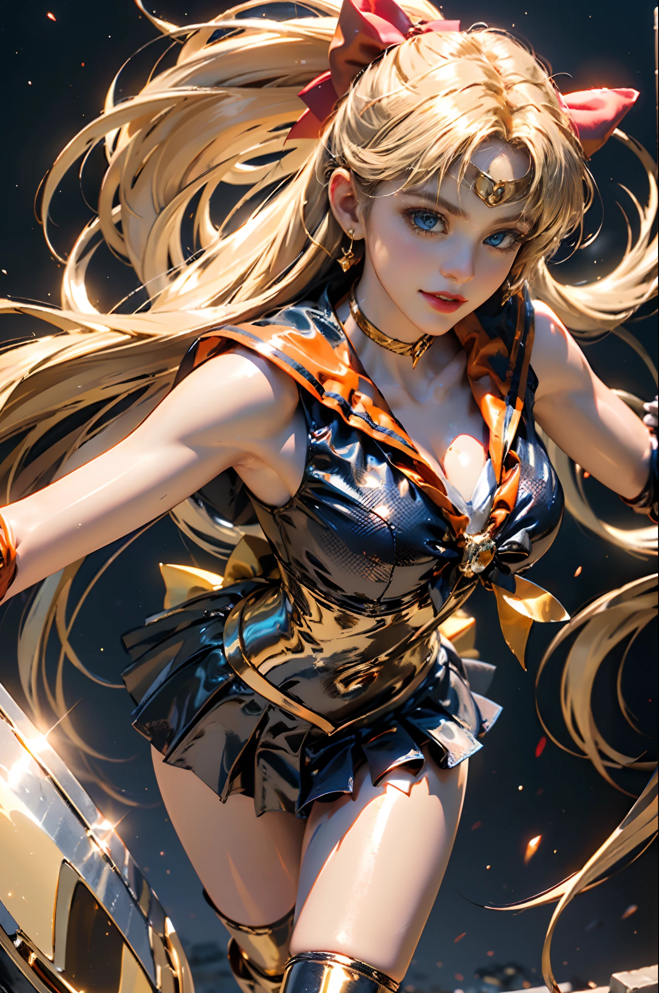 full: 1.3, to stand, masutepiece,.3D, Realistic, Ultra-micro photo, of the highest quality, ultra-detailed CG unity 8k Wallpaper, From below, Intricate details, (1 woman), 28 years old,((SV1, Sailor Senshi Uniform, Orange skirt, elbow groves, tiarra, Orange sailor collar, Red bow, orangechoker, White Gloves, Jewelry)),((Luxurious large golden tiara on forehead:1.6, very large dark blue bow in the center of the chest,:1.6,Shiny Bright Orange Sexy Pleated Ultra Mini Skirt:1.3, dark orange gloves on the elbows,:1.1,bright dark orange color,saturated bright dark orange sailor color,,very large red bow on the back of the head,:1.3)), Incredibly long straight very bright blonde: 1.2, Shiny beautiful straight long blonde hair: 1.2, sailorvenus, Minako Aino,(Sailor Senshi uniform revealed, Bare upper arms: 1.1, Long knee high boots in shiny dark orange enamel、Luxurious gold decoration: 1.2, Long white latex gloves with luxurious gold decoration: 1.3, very large yellow bow behind the waist,,: 1.1, orangechoker, Cleavage looks sexily boldly big, Orange heart-shaped earrings)),
((Seductive smile, Very pretty face, Face Details: 1.5, Bright blue eyes, Beautiful face, Beautiful eyes, shiny eyes, thin lips: 1.3, thin and sharp pale eyebrows, long dark eyelashes, Double eyelashes)), Luxurious Golden Jewelry, (Very thin and fitting high gloss white holographic leather: 1.3), White Silver High Leg Cut Swimsuit,Luxurious golden chain decoration, ((Fighting stance)), Huge gold wings, thin and muscular muscles, Muscular abs, a small face, Huge breasts, Perfect proportions, thin waist, SEXY Model Pose, Visible Pore, Perfect hands: 1.5, Octane Rendering, highly dramatic picture, Strong natural light, Sunlight, exquisite lighting and shadow, Dynamic angles, DSLR Harp, Focus: 1.0, Maximum clarity and sharpness,Golden Divinity, Golden Man: 1.2, Golden hair, Venus, Moonlight, Moon, dynamic background, Detail Background,(mecha musume)