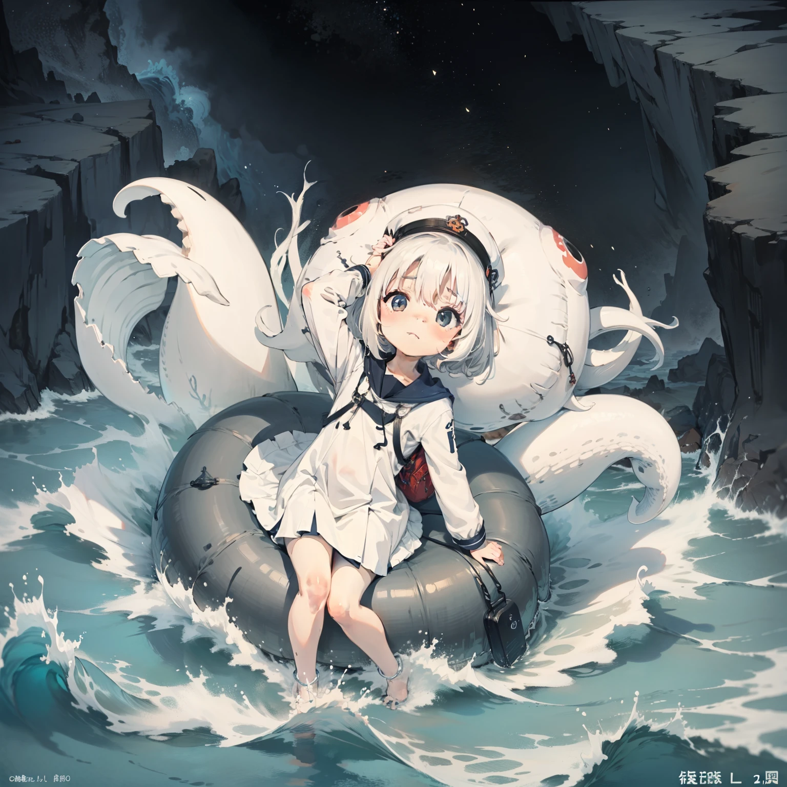 Deep in the ocean,Above the sea,Waves roll,(Giant Squid 1.2),A small raft, 1girll, ,elementary student, Solo, (with short white hair:1.2),