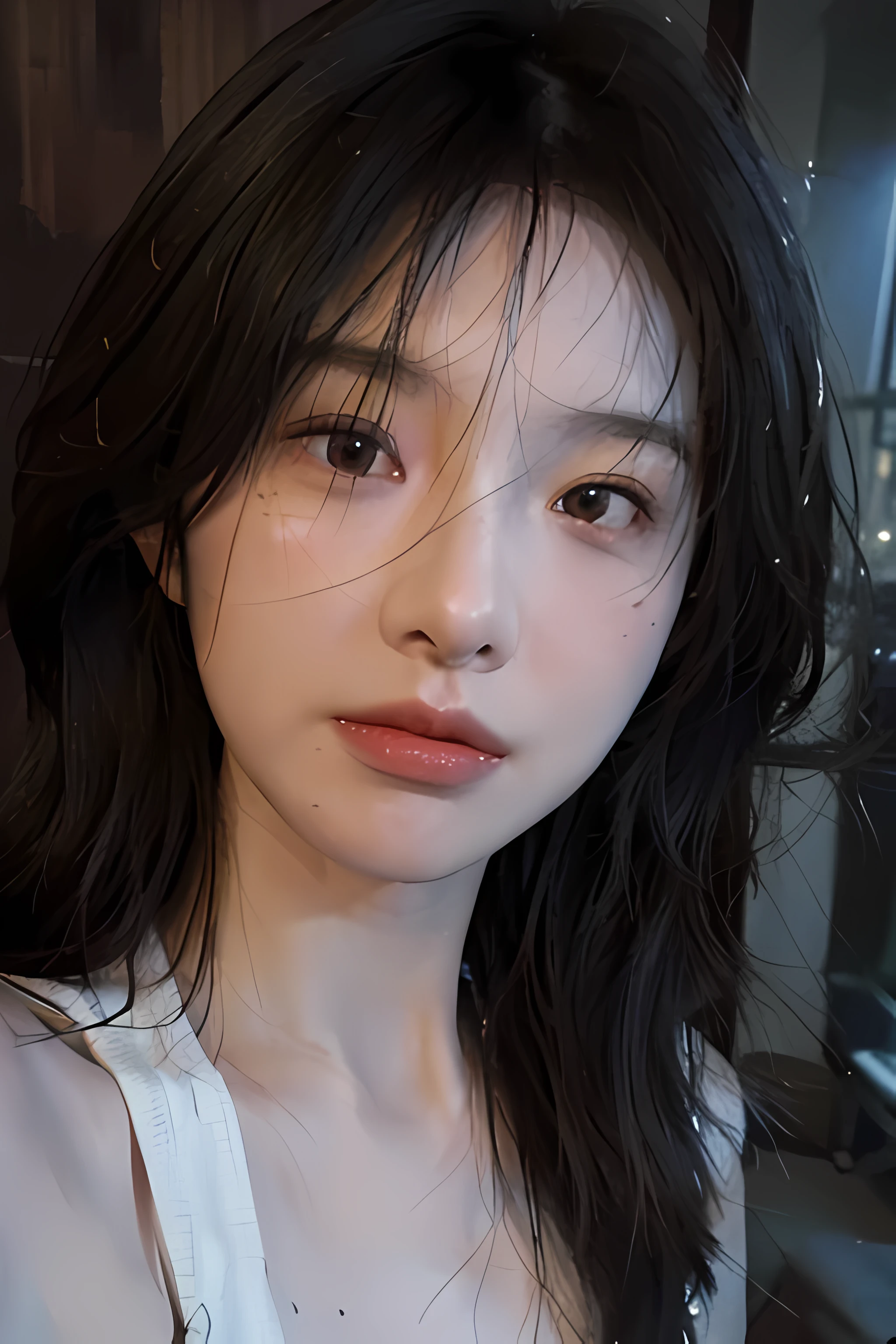 8K, Best Quality, Masterpiece, Ultra High Resolution, (Realism: 1.4), Original Photo, (Realistic Skin Texture: 1.3), (Film Grain: 1.3), (Selfie Angle), 1 Girl, Beautiful Eyes and Face Details, Masterpiece, Best Quality, Close-up, Upper Body, Looking at the Viewer