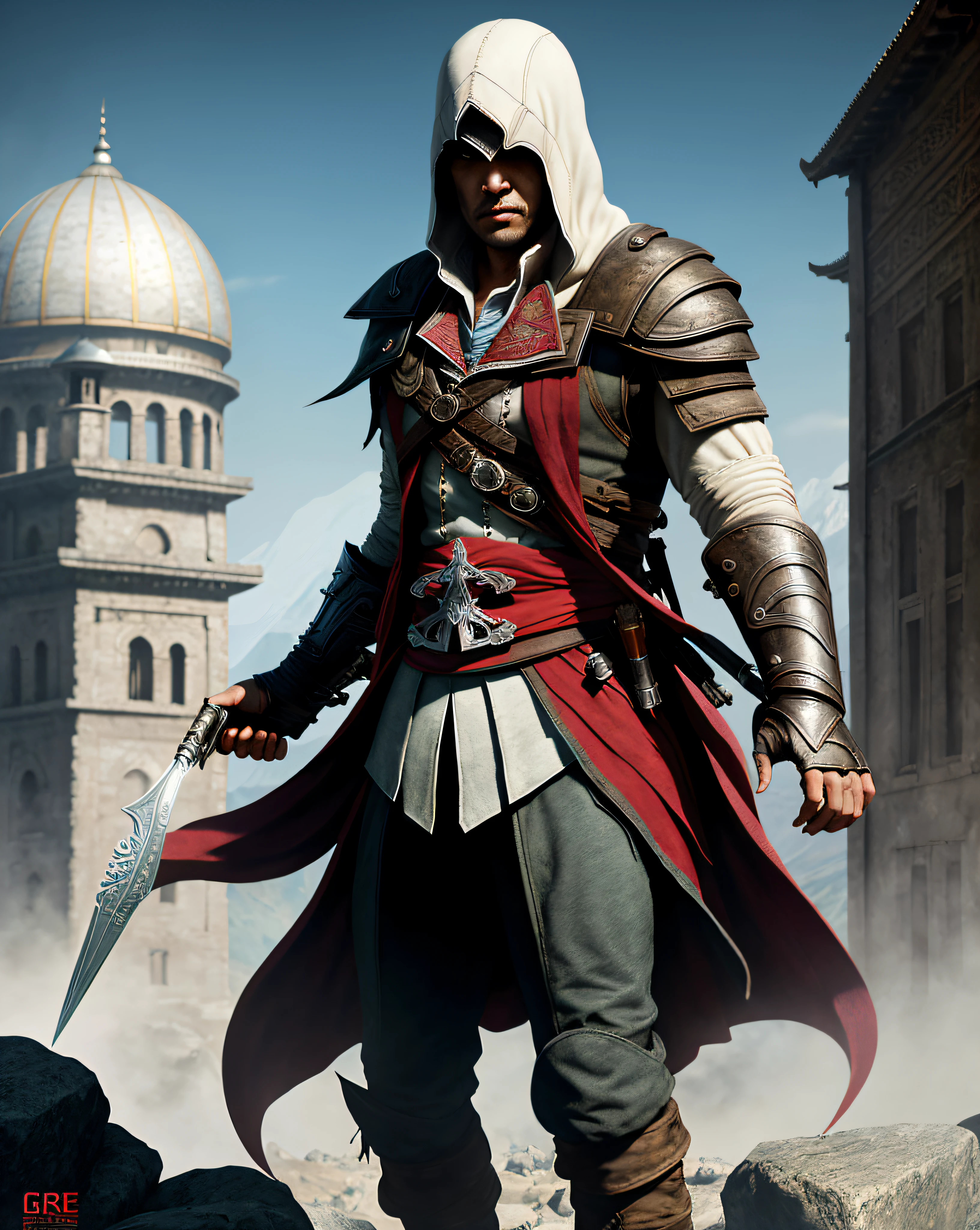 Assassin's Creed Mirage，red eyes，VHS effect，（poster for：1.6），poster on wall，Nostalgia，filmposter，Western film（skin textures），intricately details，finely detailled，Hyper-detailing，Ray traching，sub surface scattering，diffused soft lighting，shallowdepthoffield，author：（Oliver Waite） CGSociety trends，复杂，high detal，Sharp focus，dramatics，The art of realist painting by Greg Rutkowski