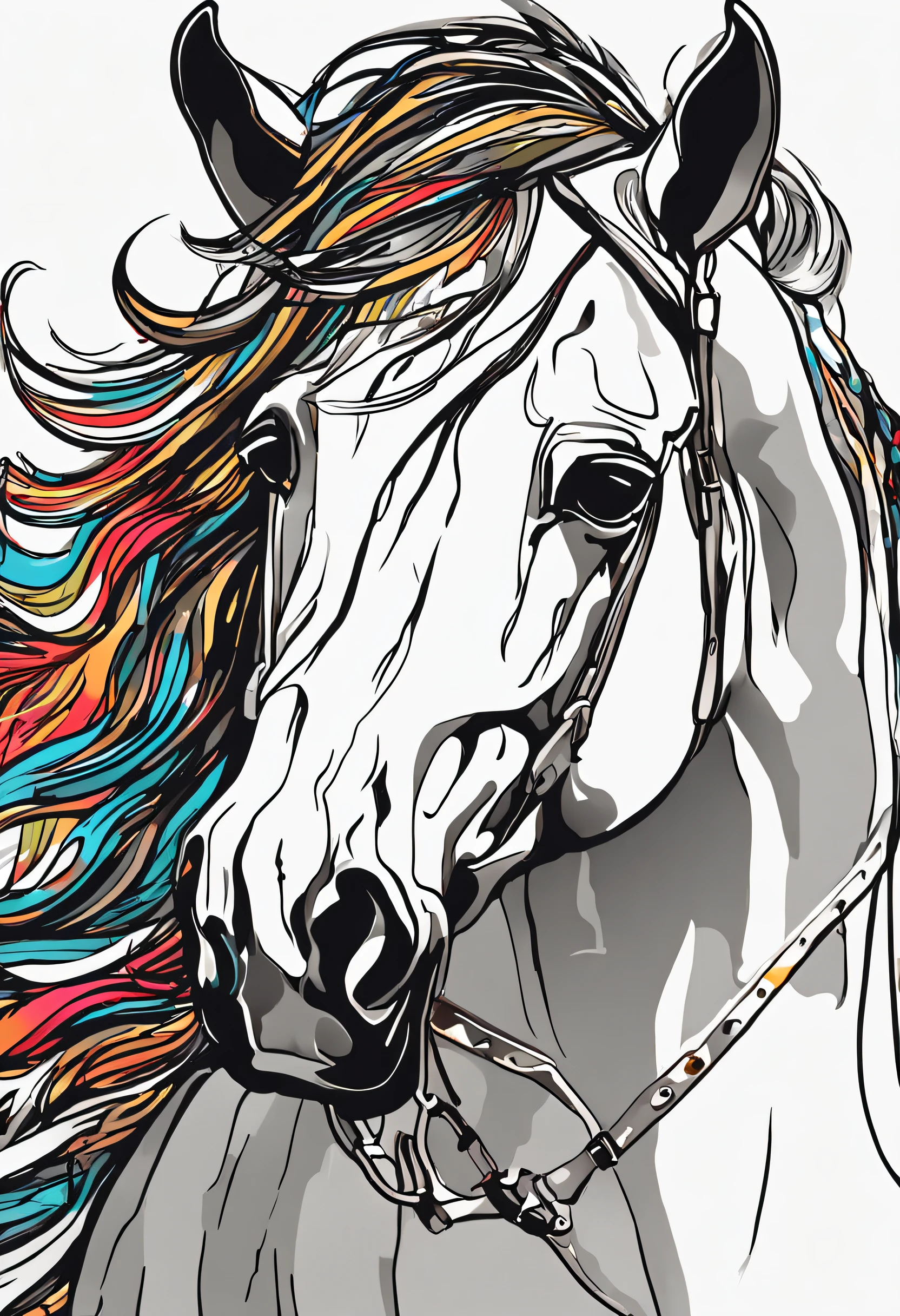 um close up de um cavalo black correndo em um fundo colorido, Cavalo digital, arte vetorial altamente detalhada, Jen Bartel, estilo de arte impressionante, estilo de arte vetorial, arte do Adobe Illustrator, Arte de Alessandro Pautasso, Arte vetorial HD, Horse, arte vetorial multicolorida, full-colour illustration, Arte bonita UHD 4K, vibrant high contrast coloring, Cavalo bonito