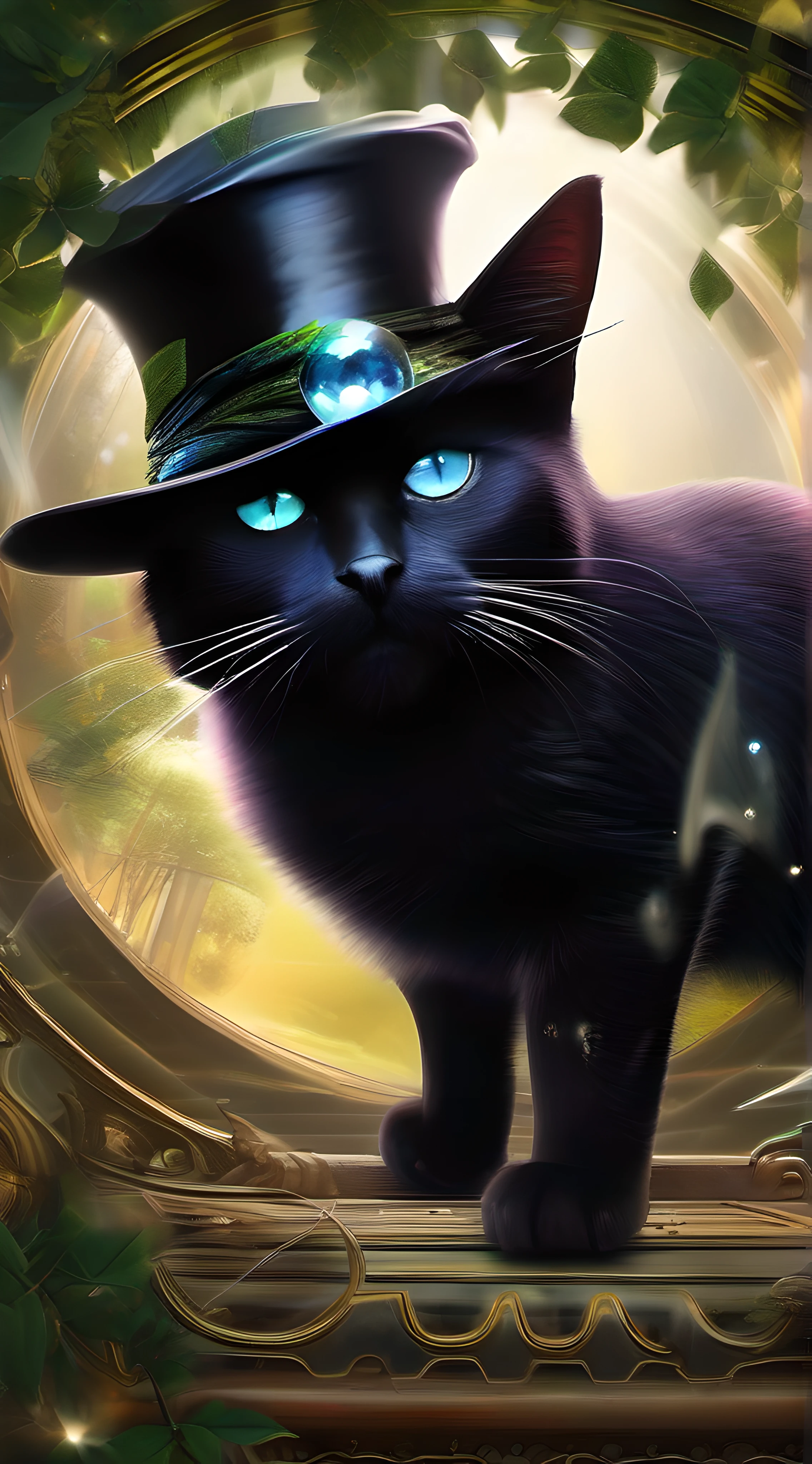 In a hyperrealistic masterpiece, Portrait of a mysterious black cat wearing a big black hat with a crystal ball summoning demons, masterpiece, blue eyes, magic charms, magic, aura of mysticism, ghost, full moon, deep forest and mysterious image, night but light, realism, masterpiece detail, magic lighting, bokeh effect, cinematic lighting, 16K HDR resolution, masterpiece, moonlight through foliage., Broken Glass effect, no background, stunning, something that even doesn't exist, mythical being, energy, molecular, textures, iridescent and luminescent scales, breathtaking beauty, pure perfection, divine presence, unforgettable, impressive, breathtaking beauty, Volumetric light, auras, rays, vivid colors reflects