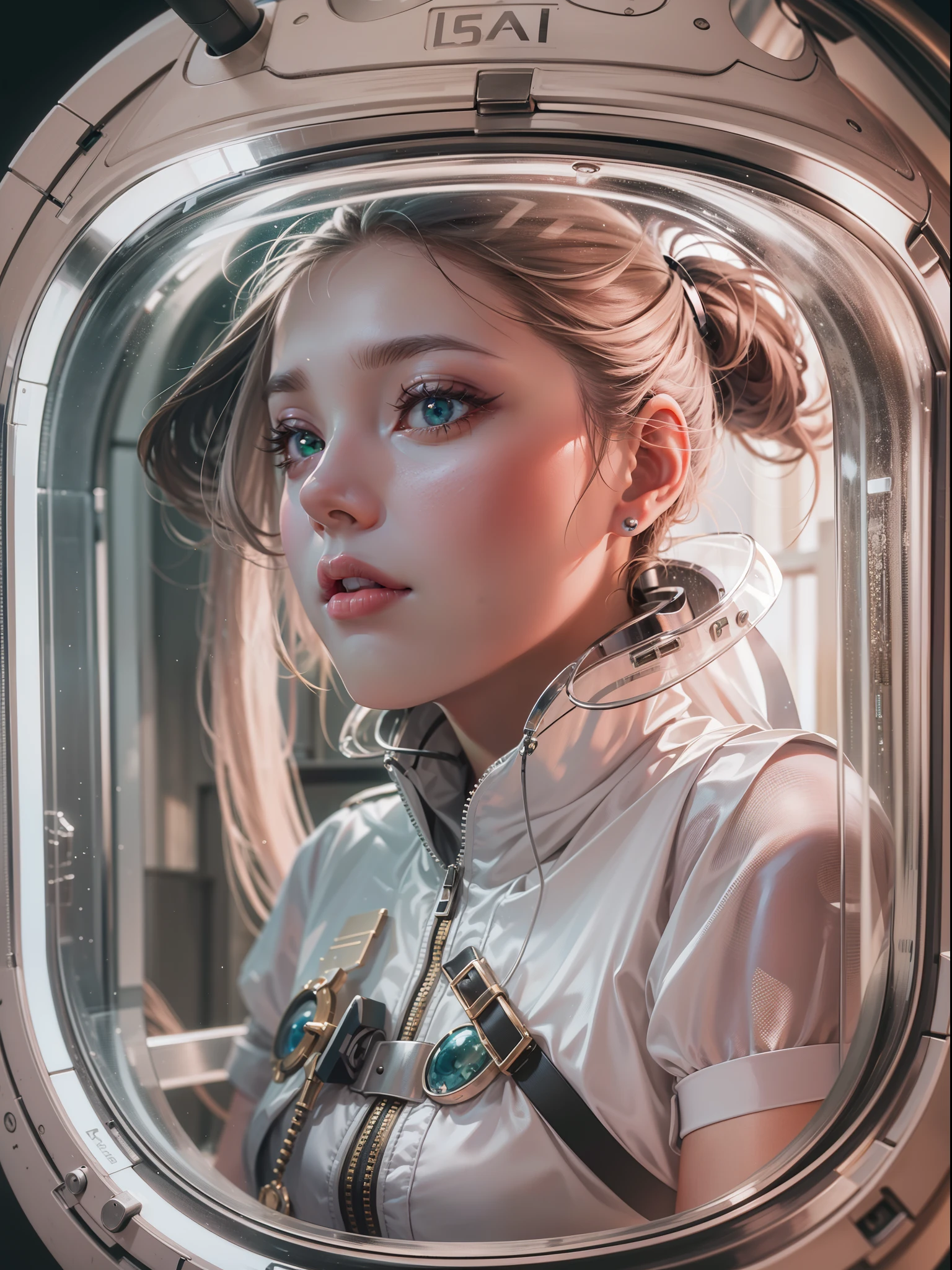 meisterwerk, Highest details, 8k, vivid, Ein Astronaut ohne Helm, Beautiful Maiden, In der Raumstation ,Rauchen einer Zigarette vor einem riesigen Fenster zum Weltraum, im Stil von futuristischem Glam, Hyperrealistische Details, glossy surface, Reflexionen, polished surface, green and light pink, machine precision, Fotografie, krummlinig,