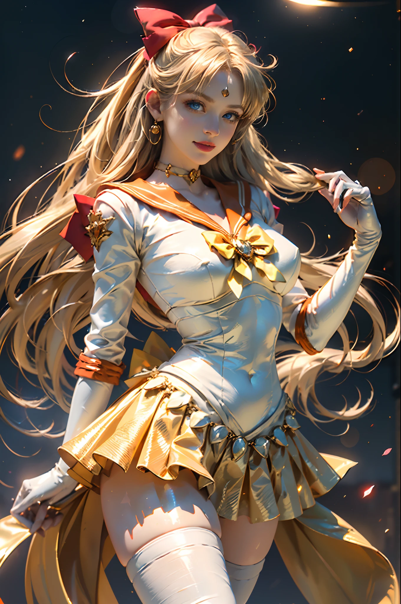 full: 1.3, to stand, masutepiece,.3D, Realistic, Ultra-micro photo, of the highest quality, ultra-detailed CG unity 8k Wallpaper, From below, Intricate details, (1 woman), 28 years old,((SV1, Sailor Senshi Uniform, Orange skirt, elbow groves, tiarra, Orange sailor collar, Red bow, orangechoker, White Gloves, Jewelry)),((Luxurious large golden tiara on forehead:1.6, very large dark blue bow in the center of the chest,:1.6,Shiny Bright Orange Sexy Pleated Ultra Mini Skirt:1.3, dark orange gloves on the elbows,:1.1,bright dark orange color,saturated bright dark orange sailor color,,very large red bow on the back of the head,:1.3)), Incredibly long straight very bright blonde: 1.2, Shiny beautiful straight long blonde hair: 1.2, sailorvenus, Minako Aino,(Sailor Senshi uniform revealed, Bare upper arms: 1.1, Long knee high boots in shiny dark orange enamel、Luxurious gold decoration: 1.2, Long white latex gloves with luxurious gold decoration: 1.3, very large yellow bow behind the waist,,: 1.1, orangechoker, Cleavage looks sexily boldly big, Orange heart-shaped earrings)), 
((Seductive smile, Very pretty face, Face Details: 1.5, Bright blue eyes, Beautiful face, Beautiful eyes, shiny eyes, thin lips: 1.3, thin and sharp pale eyebrows, long dark eyelashes, Double eyelashes)), Luxurious Golden Jewelry, (Very thin and fitting high gloss white holographic leather: 1.3), White Silver High Leg Cut Swimsuit,Luxurious golden chain decoration, ((Fighting stance)), Huge gold wings, thin and muscular muscles, Muscular abs, a small face, Huge breasts, Perfect proportions, thin waist, SEXY Model Pose, Visible Pore, Perfect hands: 1.5, Octane Rendering, highly dramatic picture, Strong natural light, Sunlight, exquisite lighting and shadow, Dynamic angles, DSLR Harp, Focus: 1.0, Maximum clarity and sharpness,Golden Divinity, Golden Man: 1.2, Golden hair, Venus, Moonlight, Moon, dynamic background, Detail Background,(mecha musume)