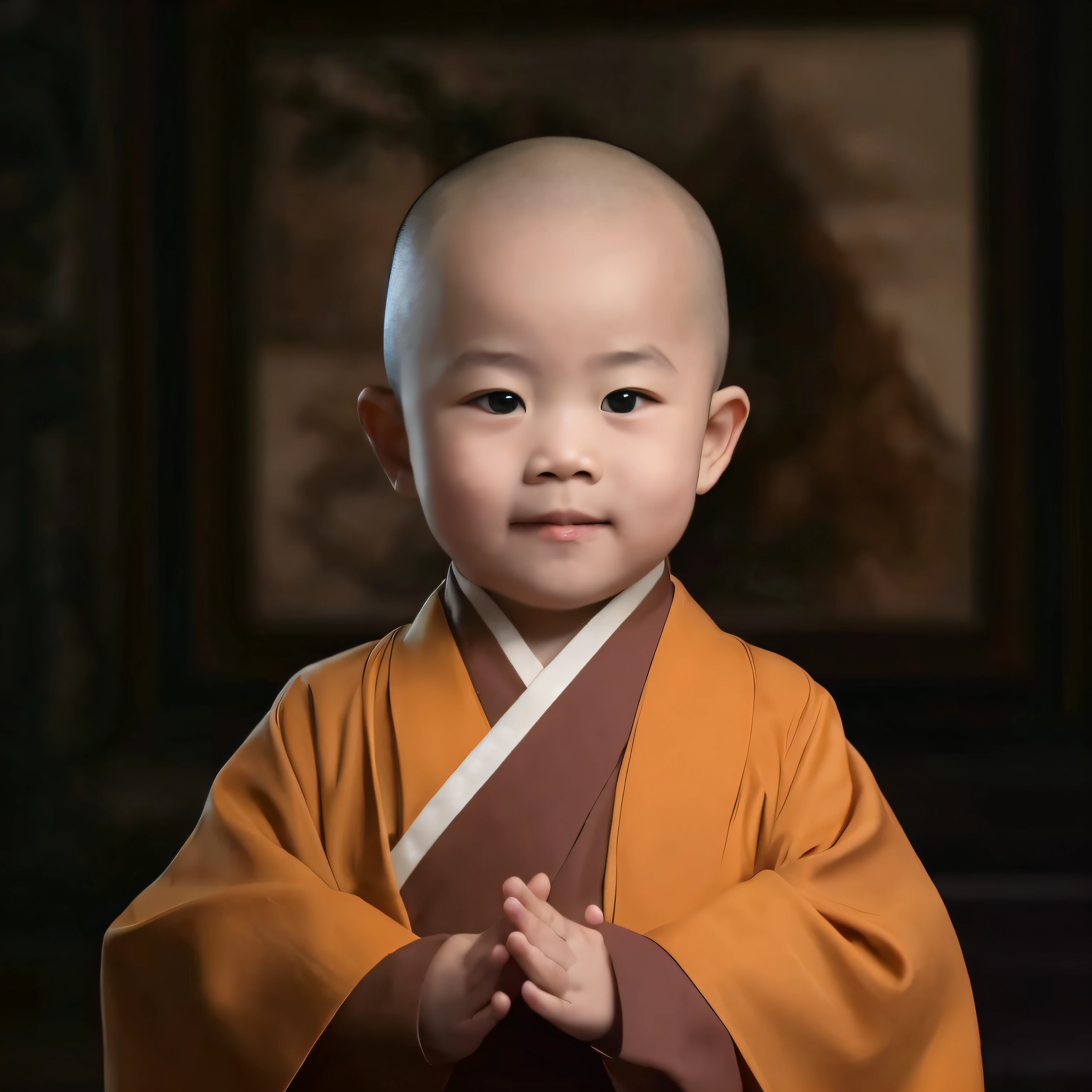 Alafid child in red robes,Holding a golden Buddha statue, portrait of monk, buddhist monk, portrait shooting, award winning portrait, Serene expression, Buddhist, centered portrait, Fine art portrait photography, monk, award-winning portrait, portrait centered, close up portrait shot, color studio portrait, holding holy symbol, 2 1 st century monk, peaceful expression