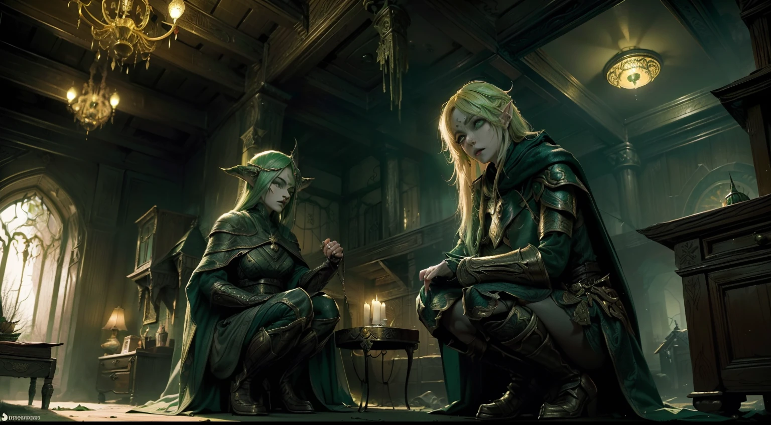 duo: Elven female ( Golden hair, Green eyes )Squatting ( commotion: 1,3 ) , Elven female( Golden hair, Cyan eyes ) Squatting, Scary atmosphere (( In a house from Skyrim, Stealing things)) (Add characters, stealing from the chest) ( Wear magical cloaks with a hood ) (((( Illegally snuck into the house )))) ((Medieval times )) ( Bad ) ((( the night ))) (( Dark time of day )) (( Confusion )) (( Crime ))