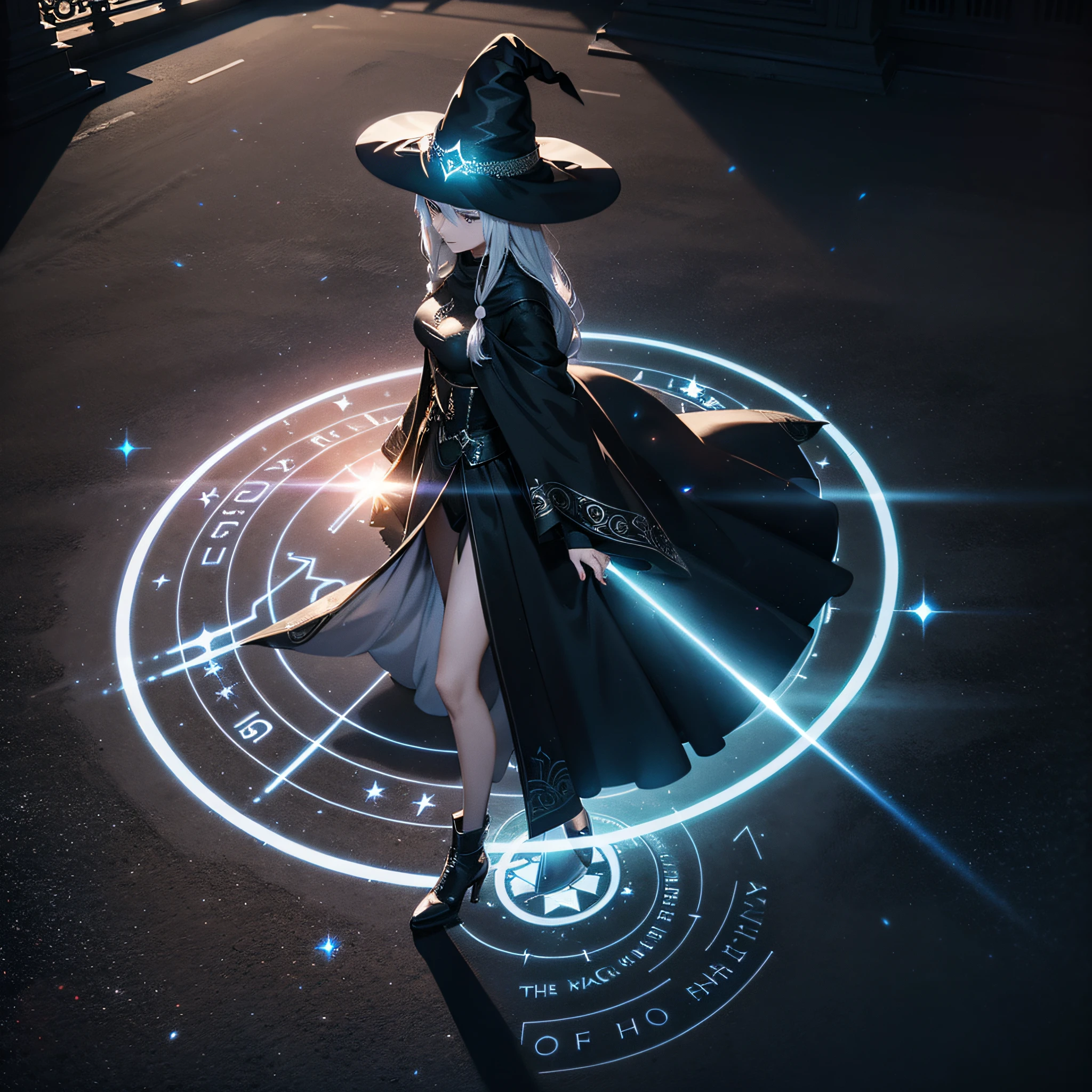 ((A glowing magic circle drawn large on the ground、A magic circle that begins to glow)):1.9、A beautiful witch with long silver hair wearing a black witch suit wearing a triangular hat who holds her hands over the magic circle and starts chanting、masutepiece、Highly detailed background，Realistic，ultra-detailliert，super detailed skin，light glow，Film grain，Expro II，Lens Flare，Sharpen，cinematic shadow