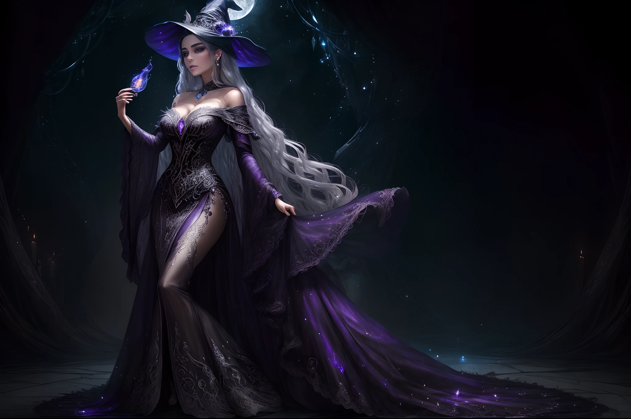 "((A captivating and mysterious witch with a bewitching presence)), who exudes an aura of enchantment. Make her with intricate details, a blend of elegance and darkness. Highlight her intense eyes, embellished with a hint of mystical purple. Let her flowy dress, embellished with "silver details add an extra touch of elegance. Surround her with wisps of ethereal magic and a backdrop of a moonlit night sky. It creates a sense of intrigue and fascination, with shadows and reflections dancing in the moonlight."