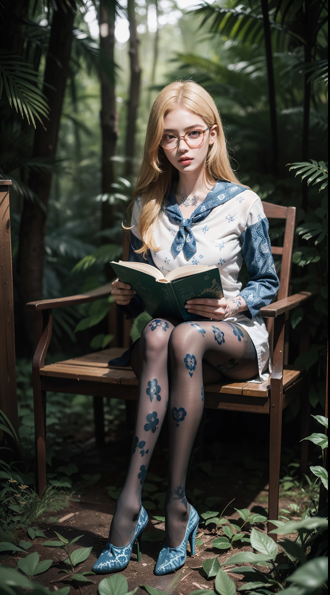 (full body:1.5)，(((1girl)):1.3),(view the viewer:1.4)，((anatomy correct):1.45),((Sitting in the forest):1.3),(He wears large glasses and holds a book in his hand:1.15),(shy:1.15)，((sailor's set):1.2),(((((((Patterned)))))) ,((pantyhose)):1.3),(((tattoo)):1.3),( Uniform high heels leather shoes with bows for female students:1.1)，(Accurate and perfect face:1.3),((red-eyed blonde):1.2)，hyper HD, Ray traching, reflective light， structurally correct, Award-Awarded, high detail, lighten shade contrast, Face lighting ，cinematic lighting, masterpiece, super detailing, high quality, high detail, best quality, 16k，High contrast,