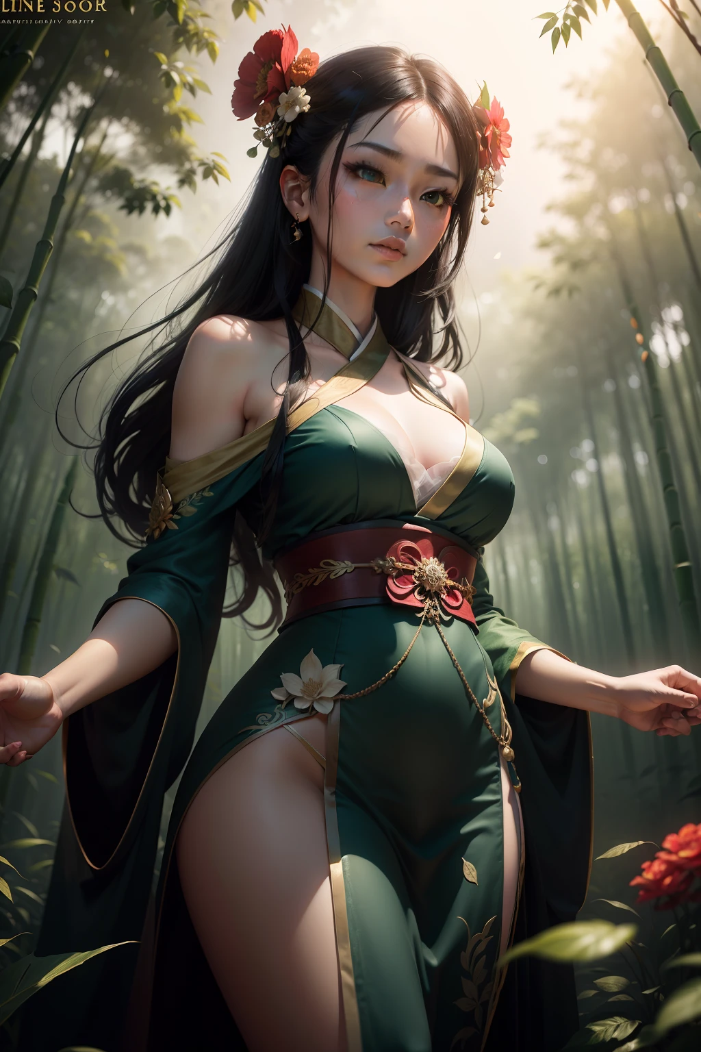 official art, Unity 8k wallpaper, super detailed, beautiful, beautiful, masterpiece, best quality, mystery, romanticism, horror, literature, art, fashion, tang dynasty era, decoration, intricate, embroidery, green hanfu, green tulle, 1 girl, big breasts, black hair, fatalism, bust composition, dramatic composition, movie lighting, dynamic perspective, sexy, bare shoulders, bare thighs, full of temptation, deep in bamboo forest, bamboo forest, bamboo leaves falling, small red flowers, bamboo forest background, cloudy mist, dramatic composition,