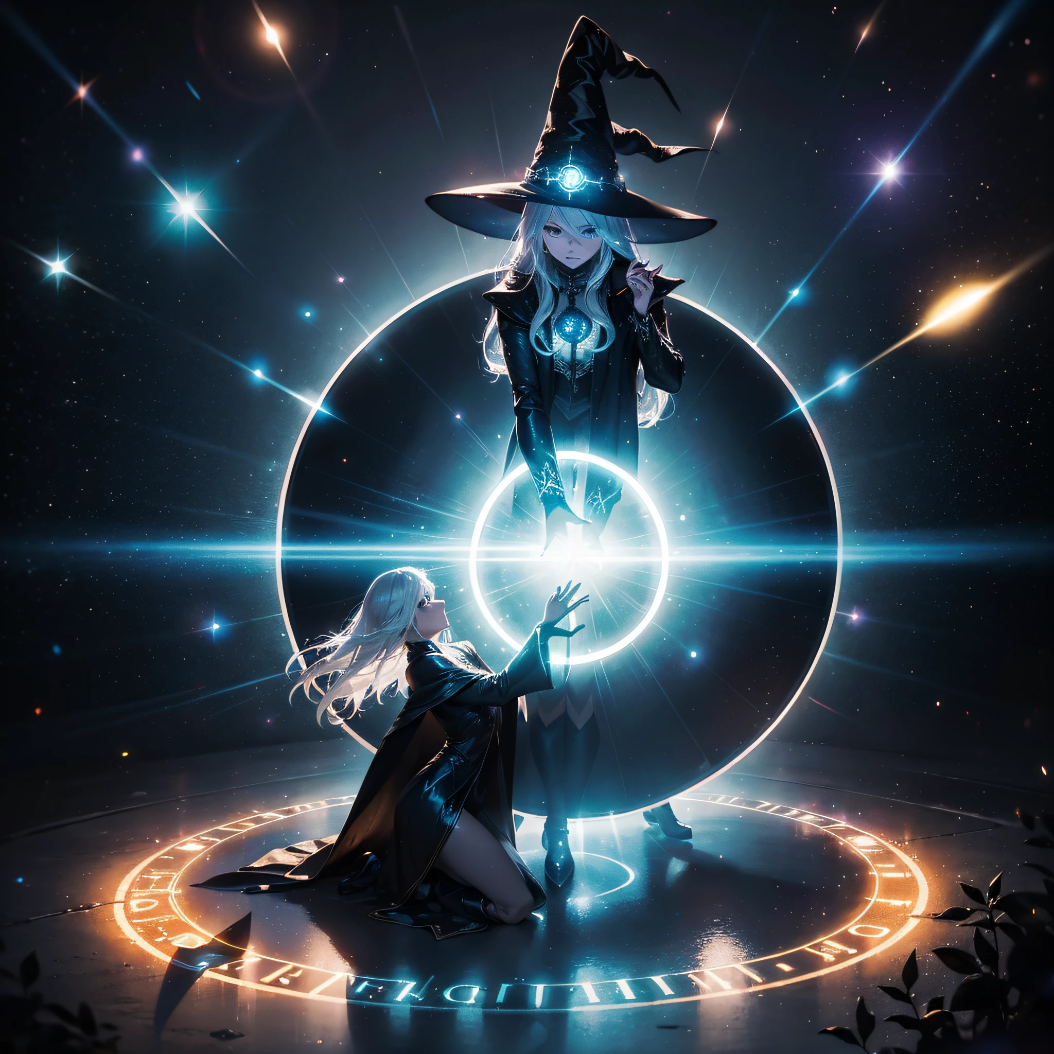 ((A glowing magic circle drawn large on the ground、A magic circle that begins to glow)):1.9、A beautiful witch with long silver hair wearing a black witch suit wearing a triangular hat who holds her hands over the magic circle and starts chanting、masutepiece、Highly detailed background,Realistic,ultra-detailliert,super detailed skin,light glow,Film grain,Expro II,Lens Flare,Sharpen,cinematic shadow