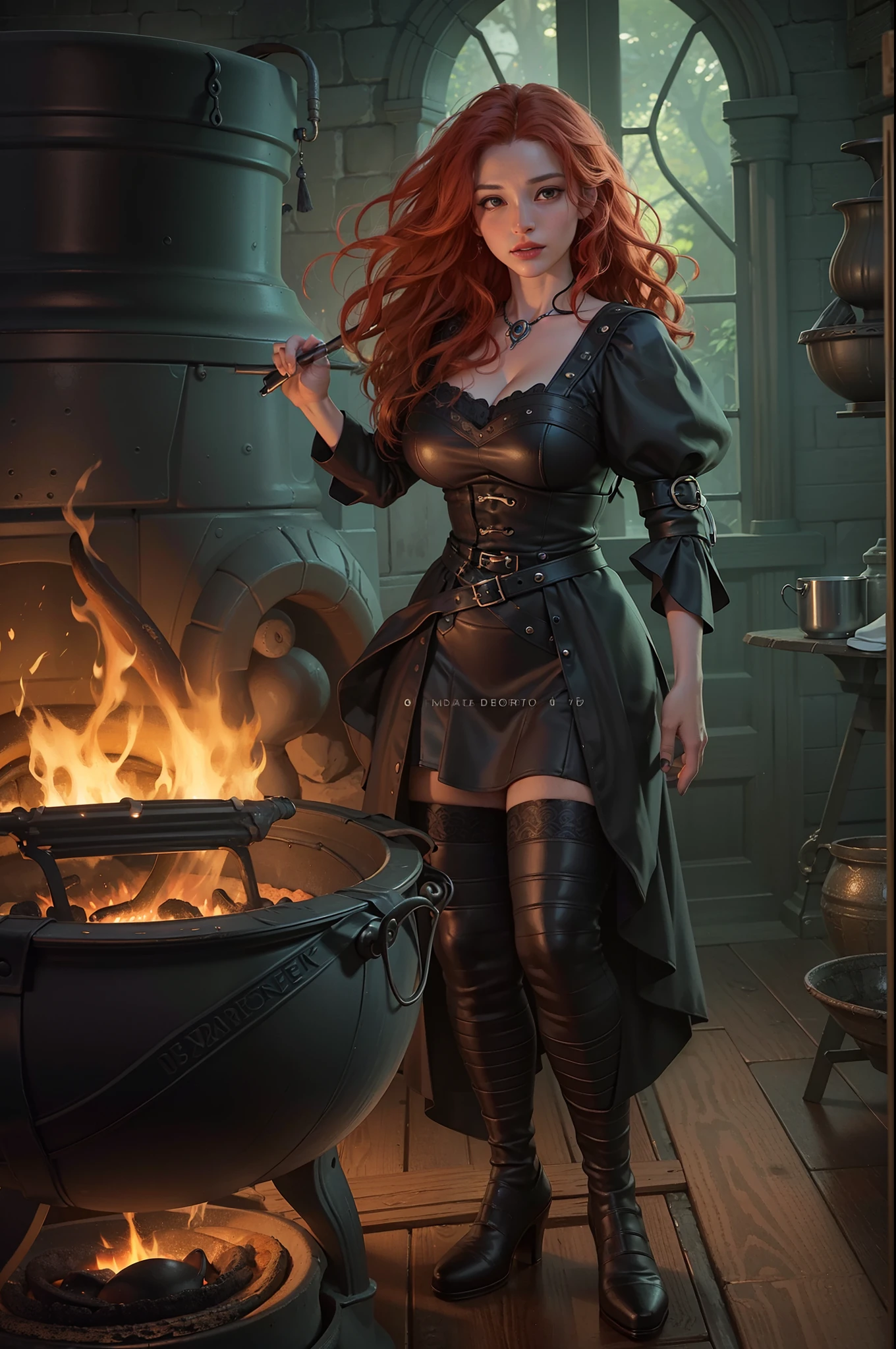 high details, best quality, 16k, RAW, [best detailed], masterpiece, best quality, (extremely detailed), full body (best details, Masterpiece, best quality), , ultra wide shot, photorealistic, fantasy art, RPG art, D&D art, a picture of a woman, witch brweing dark matter over big cauldron in the fire place, middle aged woman, exquisite beautiful woman (best details, Masterpiece, best quality), ultra detailed face (best details, Masterpiece, best quality),evil grin, red hair, long hair, wavy hair, dynamic eye color, pale skin, black dress posh_dress (best details, Masterpiece, best quality), wearing black boots, large boilng cauldron, black cauldron, green mists magic mists, coming from cauldron, a stove, middles ages house background, dim fire light, High Detail, Ultra High Quality, High Resolution, 16K Resolution, Ultra HD Pictures, 3D rendering Ultra Realistic, Clear Details, Realistic Detail, Ultra High Definition Waiting to start