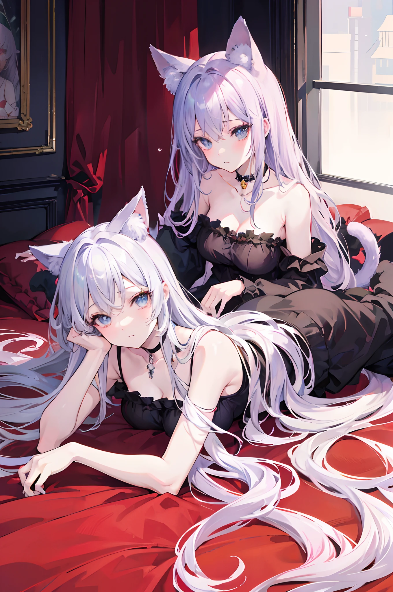 Anime girl lying on bed, pixiv contest winner, Gothic art, beautiful anime catgirl, anime girl with cat ears, style of anime4 K, Very beautiful anime cat girl, Beautiful anime girl, Detailed digital anime art, Guweiz in Pixiv ArtStation, cute anime catgirl，cabelos preto e longos，choker necklace，pyjamas，