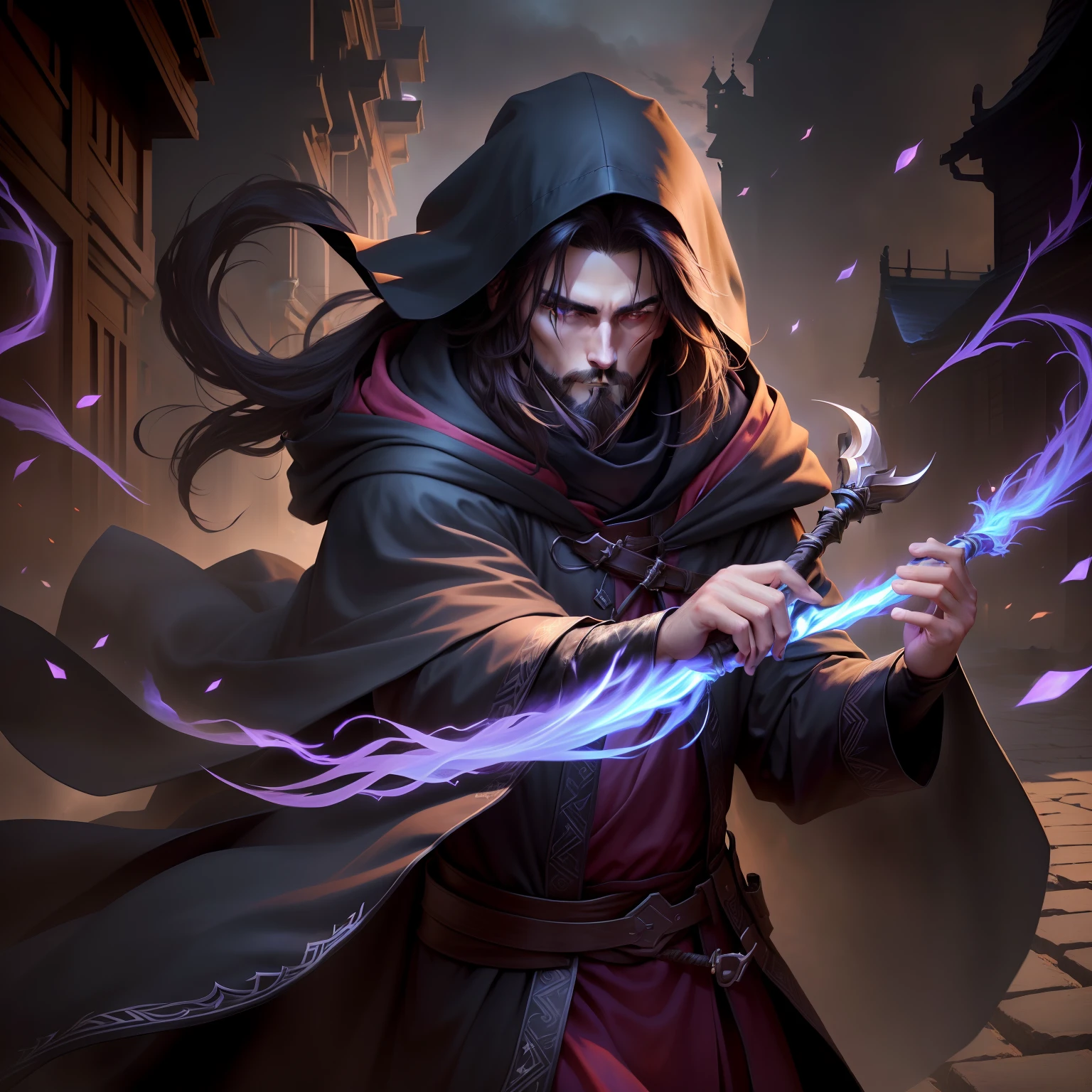 male people、No beard、Medium and short hair,Big hood、wearing hat,Can't see the face clearly,The Dark Mage,darkly,wind coat,cloaks、magical staff、brunette color hair,年轻,mistic,Dark background,