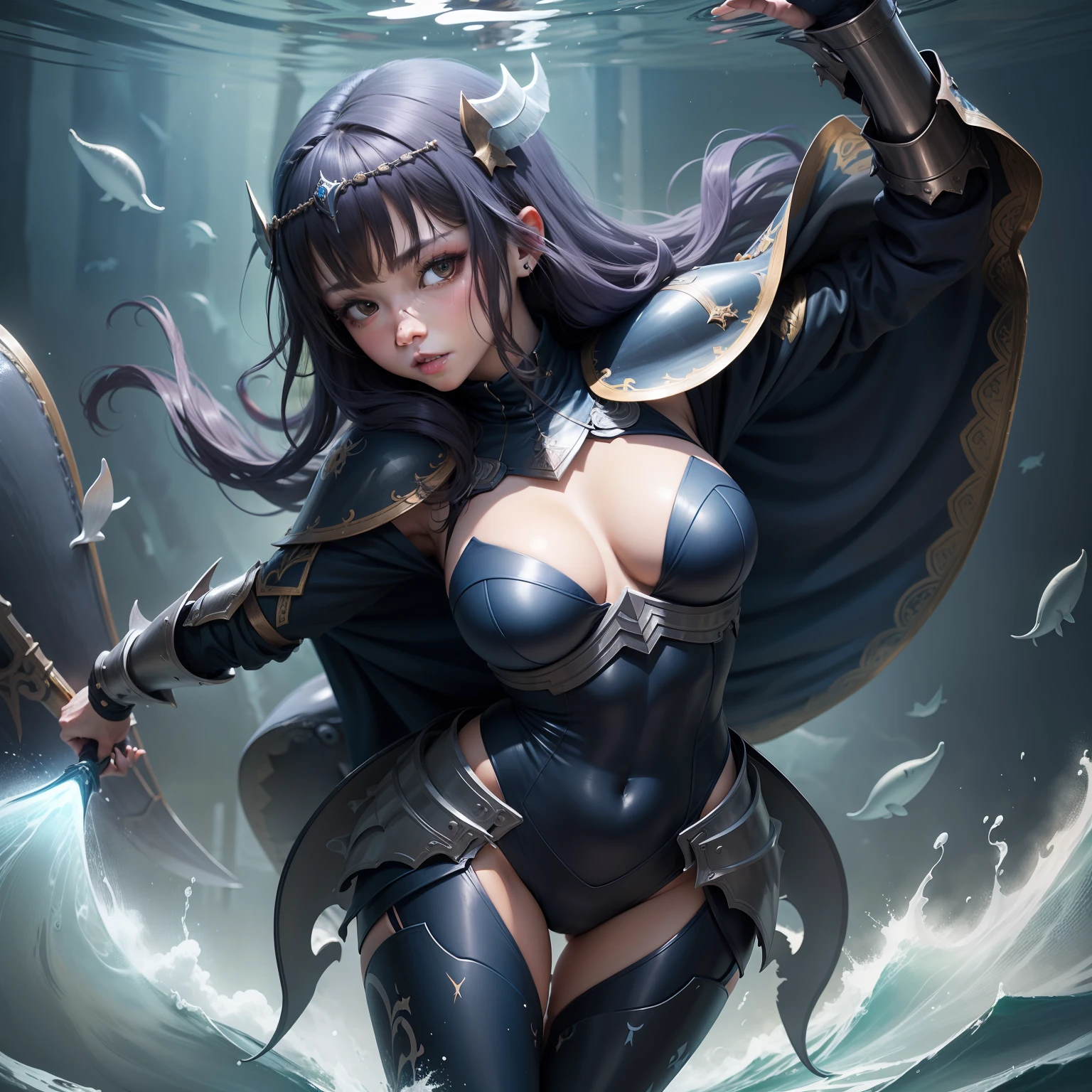Female Knight Covered in Whales(Cute costumes)、Looks fun、full body Esbian、、Dark blue、Equip the Trident
