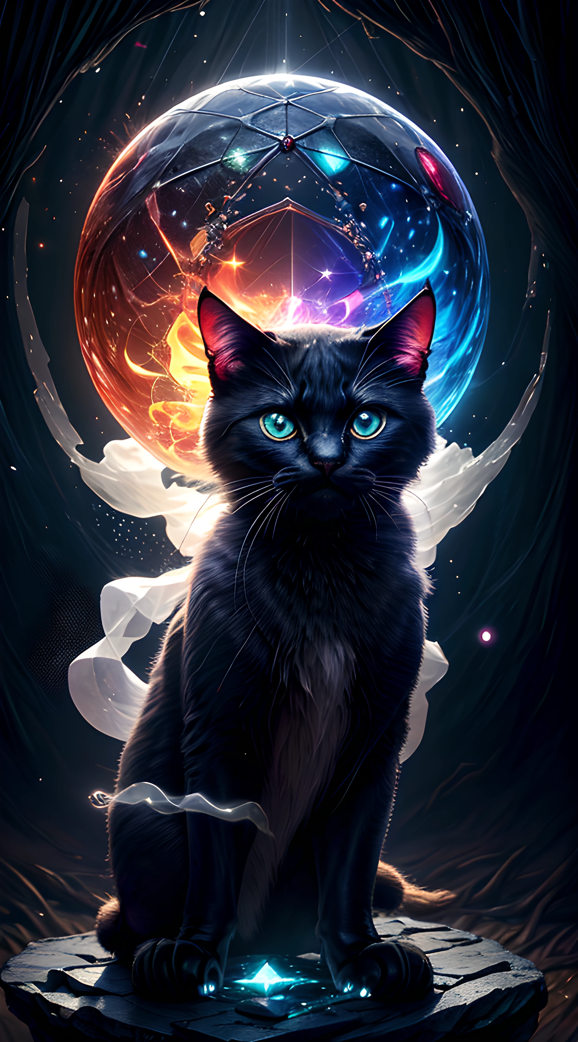 In a hyperrealistic masterpiece, Portrait of a mysterious black cat wearing a big black hat with a crystal ball summoning demons, masterpiece, blue eyes, magic charms, magic, aura of mysticism, ghost, full moon, deep forest and mysterious image, night but light, realism, masterpiece detail, magic lighting, bokeh effect, cinematic lighting, 16K HDR resolution, masterpiece, moonlight through foliage., Broken Glass effect, no background, stunning, something that even doesn't exist, mythical being, energy, molecular, textures, iridescent and luminescent scales, breathtaking beauty, pure perfection, divine presence, unforgettable, impressive, breathtaking beauty, Volumetric light, auras, rays, vivid colors reflects