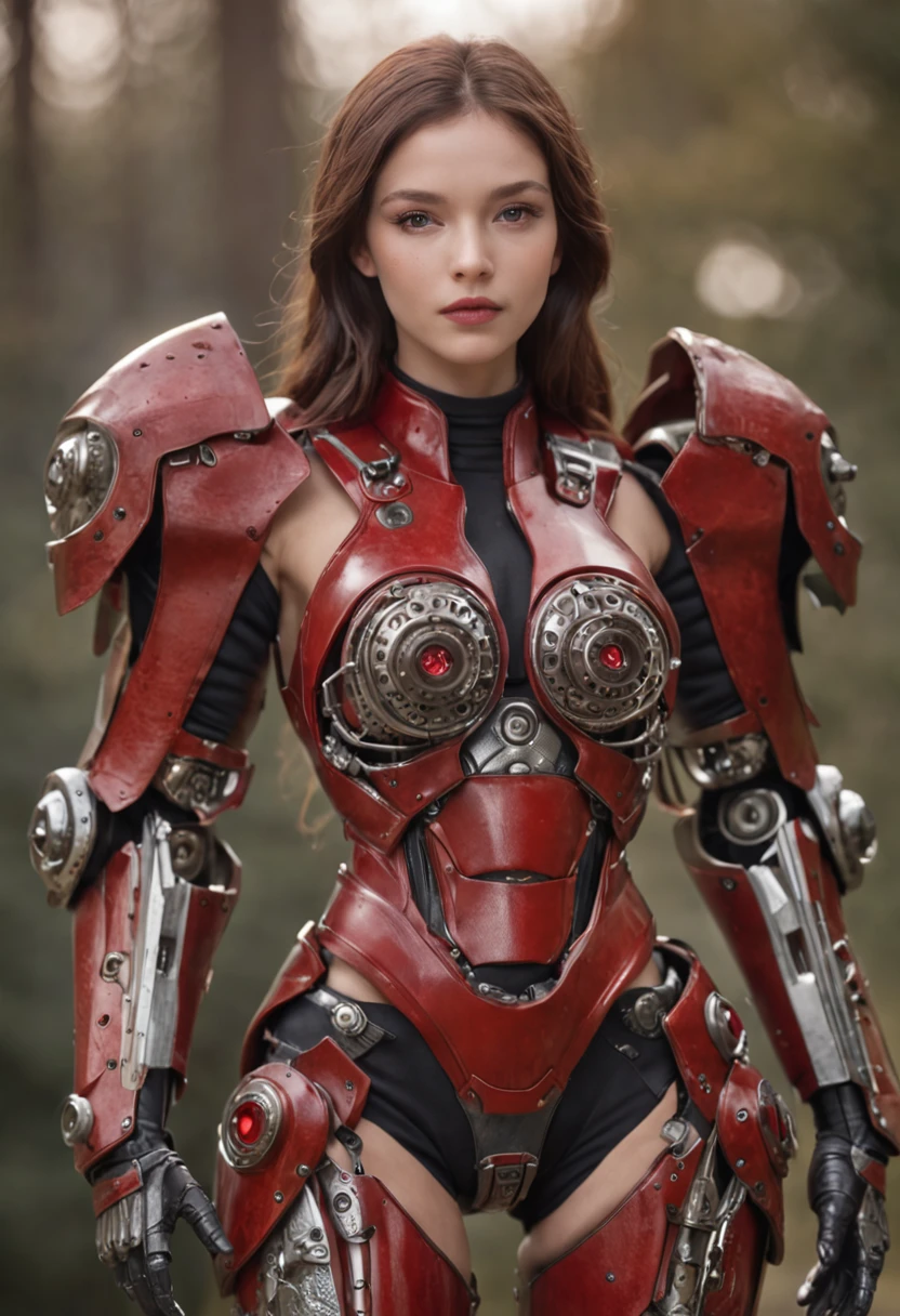 (Master Parts), (top-quality), rendered, Realistic, ultra-detailliert, face perfect, perfect bodies, 1 Tape, Beautiful Girl, girl in red armor, Mechanical Armor, exoskeleton, to stand, Legal Pose, Sexy, Looking from behind