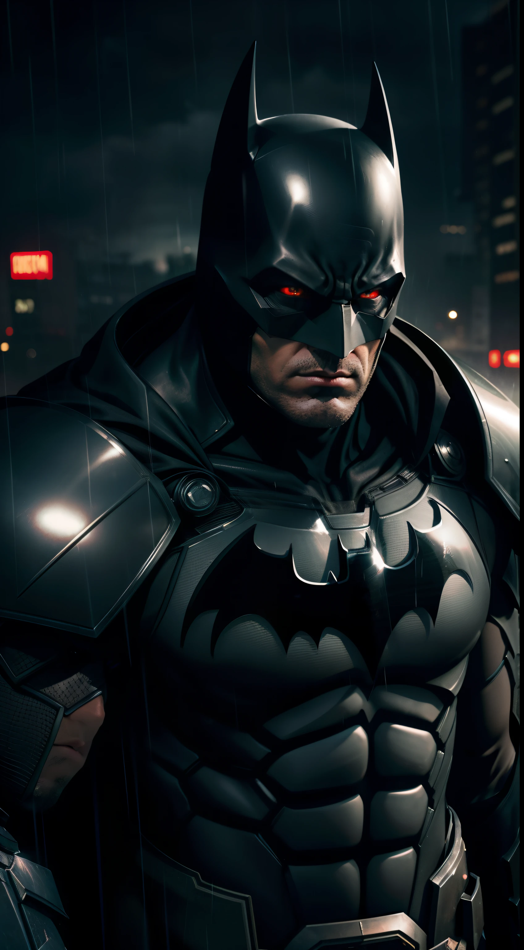 Batman with metal Armor, dark city, raining, rain drops and reflection, red eyes, heavyweight armor, new age, sci fi, cinematic full shot